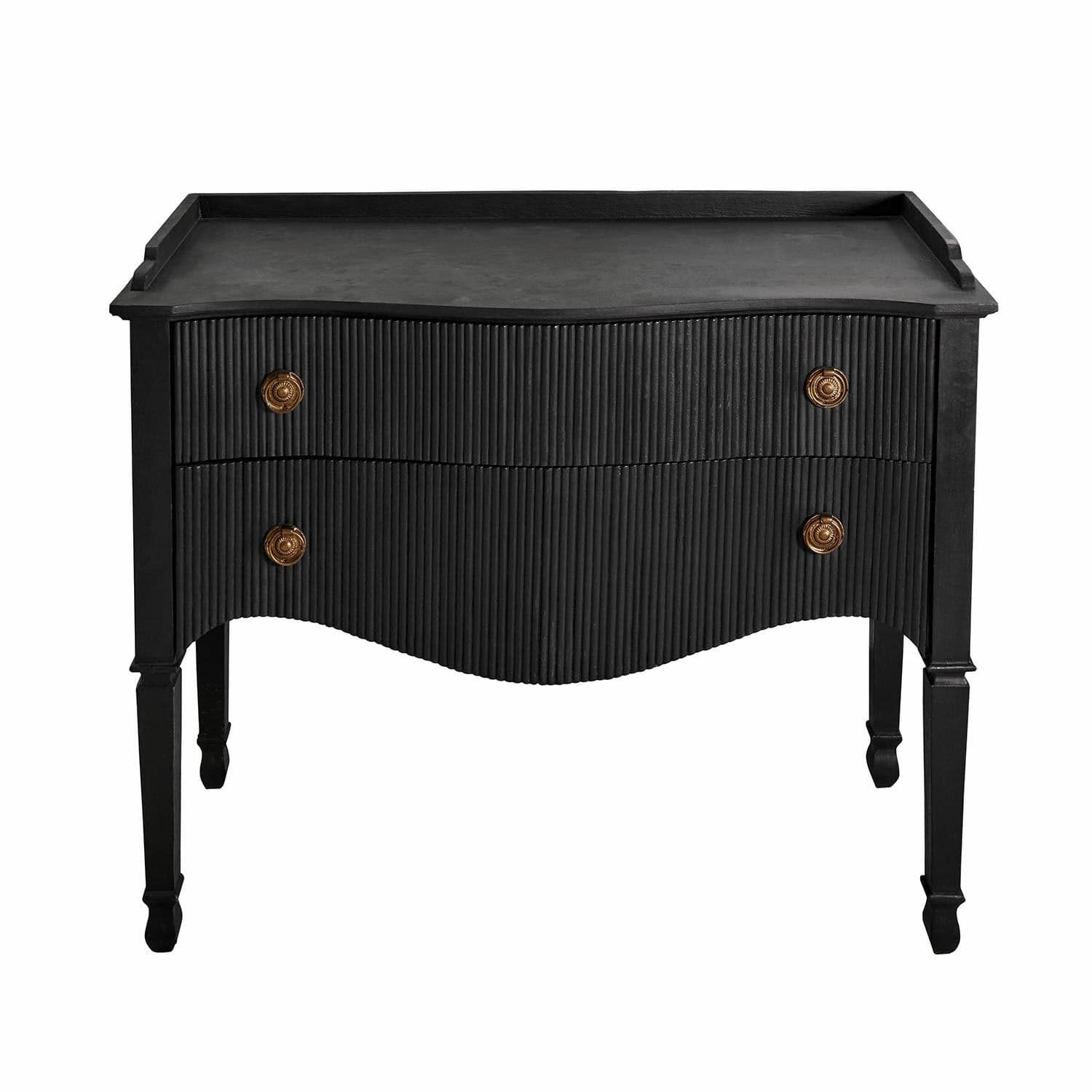 Commode noire avec deux tiroirs ondulés et poignées en laiton, meuble élégant pour salon