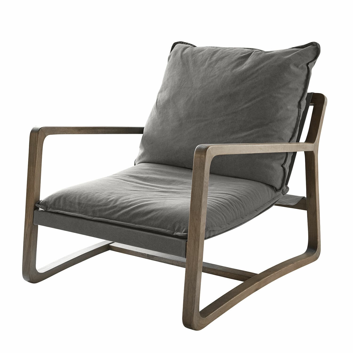 Fauteuil avec cadre en bois et coussins en tissu gris pour un salon confortable