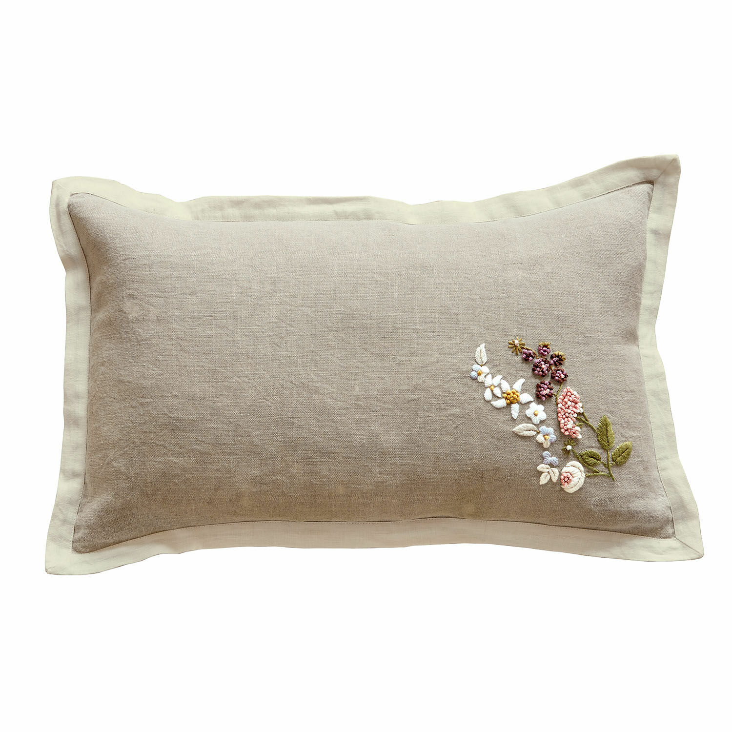 Housse de coussin Tavaline Coussin beige en lin avec broderie florale et bordure crème, décoration élégante pour salon
