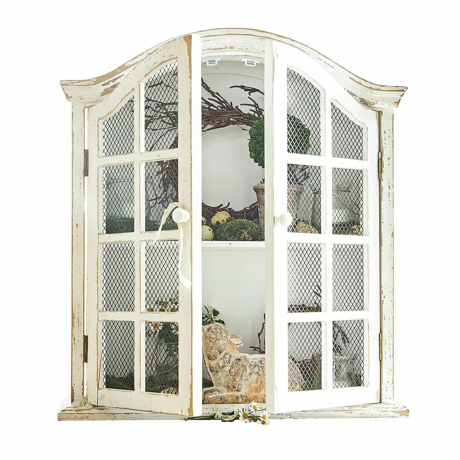 Armoire murale Monthelie Armoire blanche en bois avec portes grillagées, style vintage, décorations intérieures, meuble salon