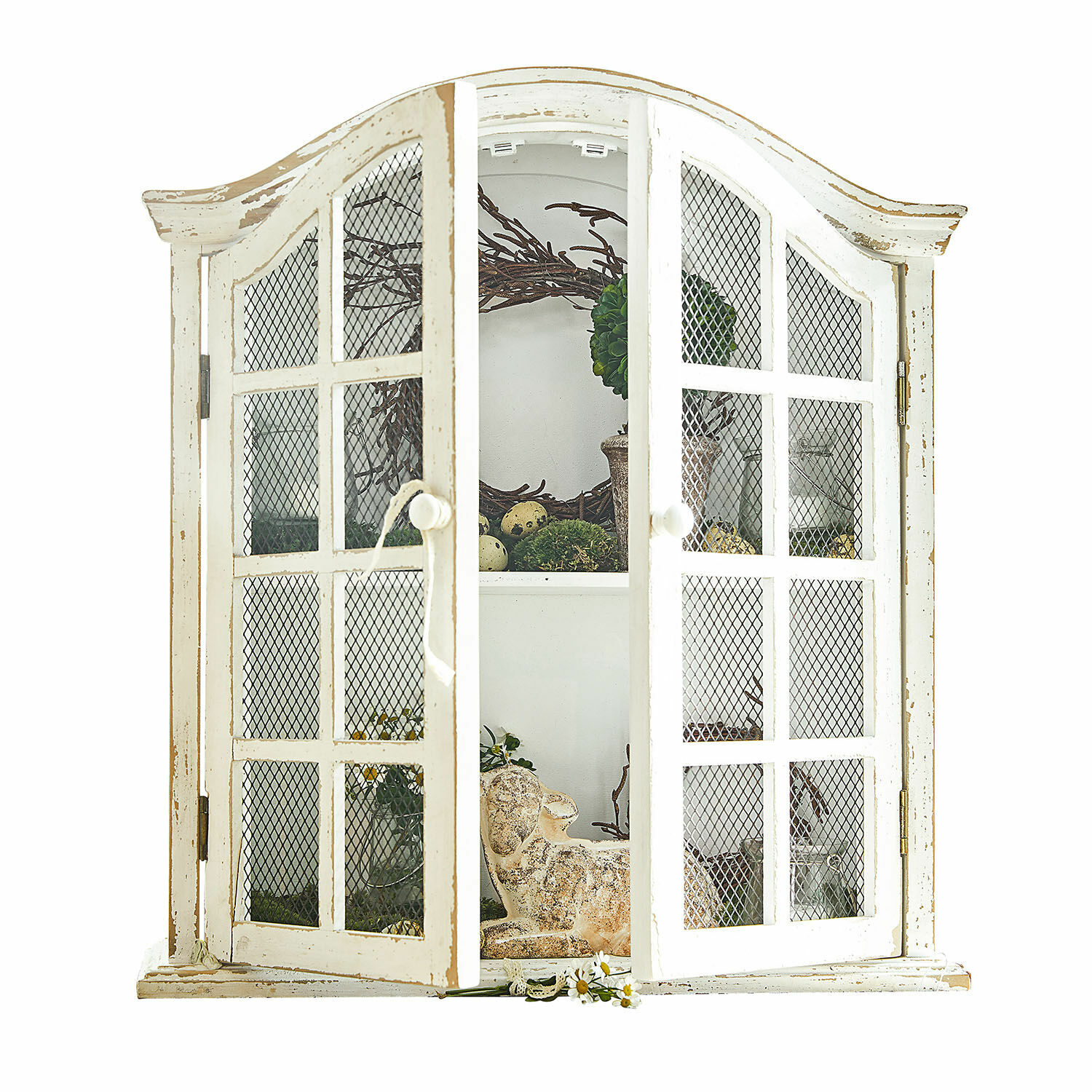 Wandkast Monthelie Witte houten kast met gaasdeuren in vintage stijl, decoratie binnenin, woonkamermeubel