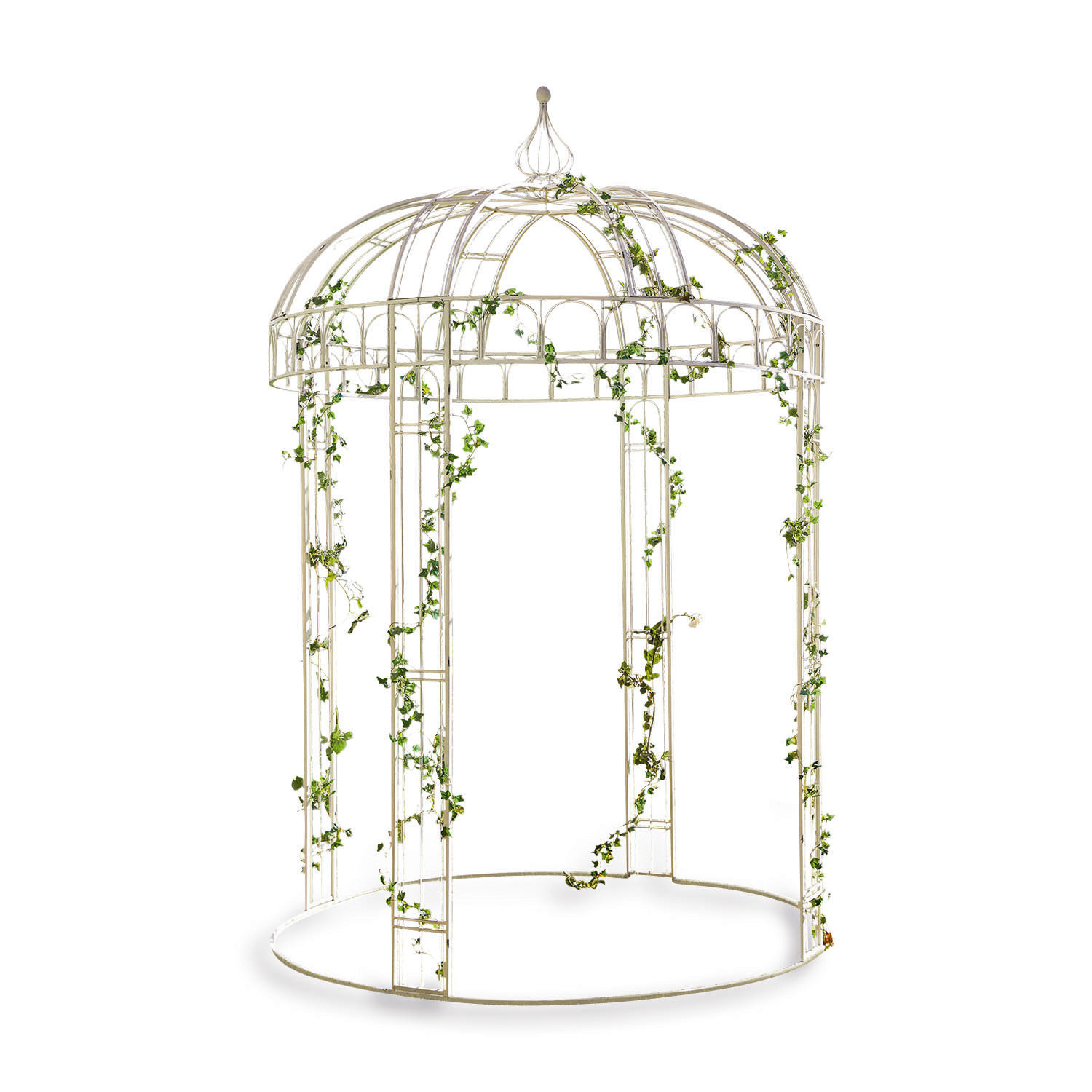 Paviljoen Iolanda Witte metalen tuinprieel met groene klimop, decoratieve buitenstructuur
