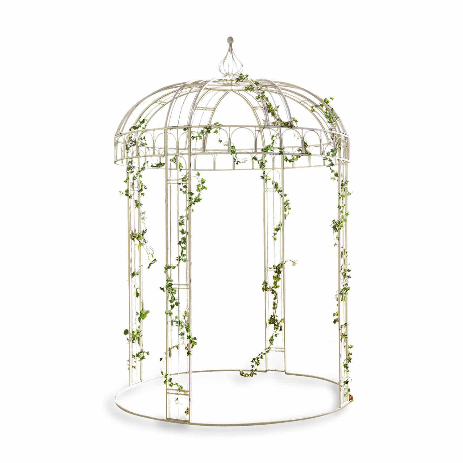 Paviljoen Iolanda Witte metalen tuinprieel met groene klimop, decoratieve buitenstructuur