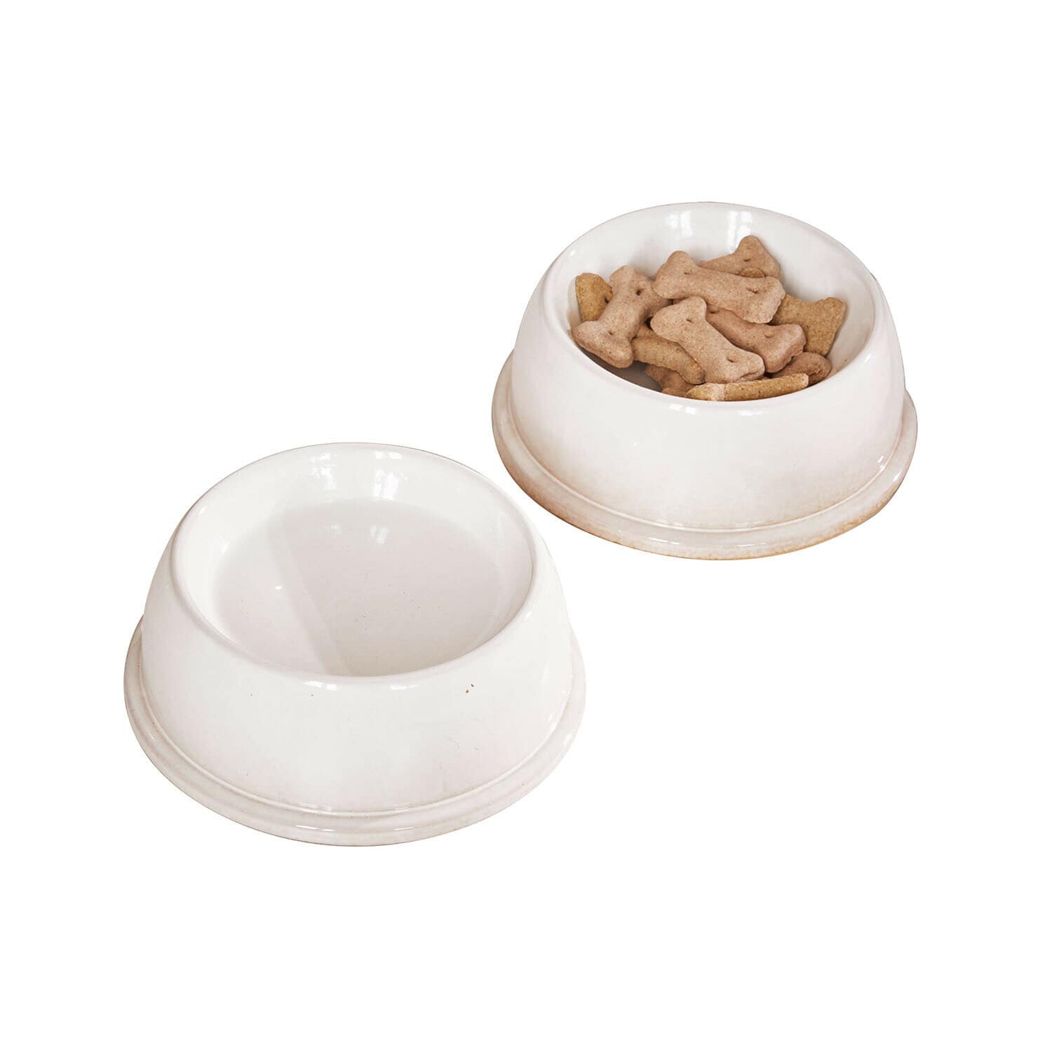 Lot de 2 gamelles Kireva Deux gamelles blanches en céramique pour chien, une remplie de croquettes en forme d'os, bols pour animaux
