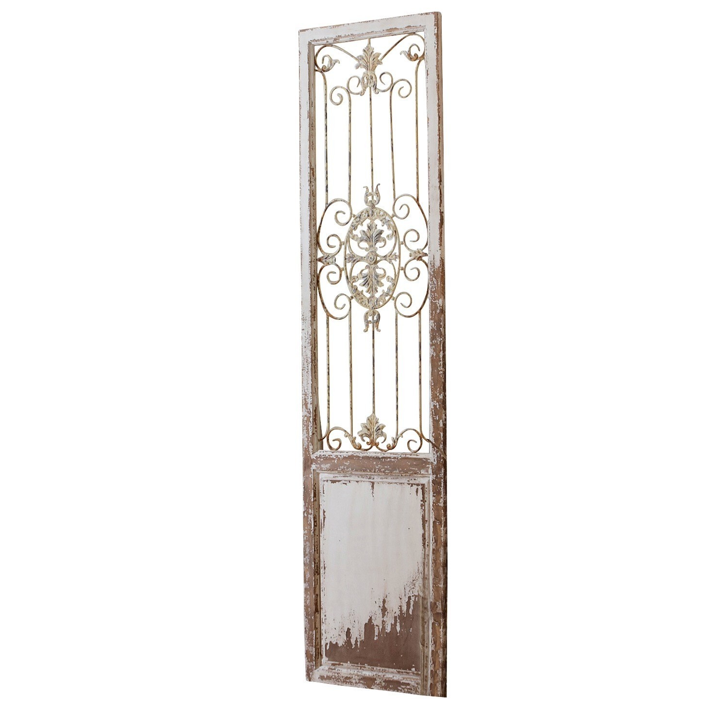 Panneau décoratif Versailles Porte étroite en bois avec décoration métallique vintage, finition vieillie blanche et marron