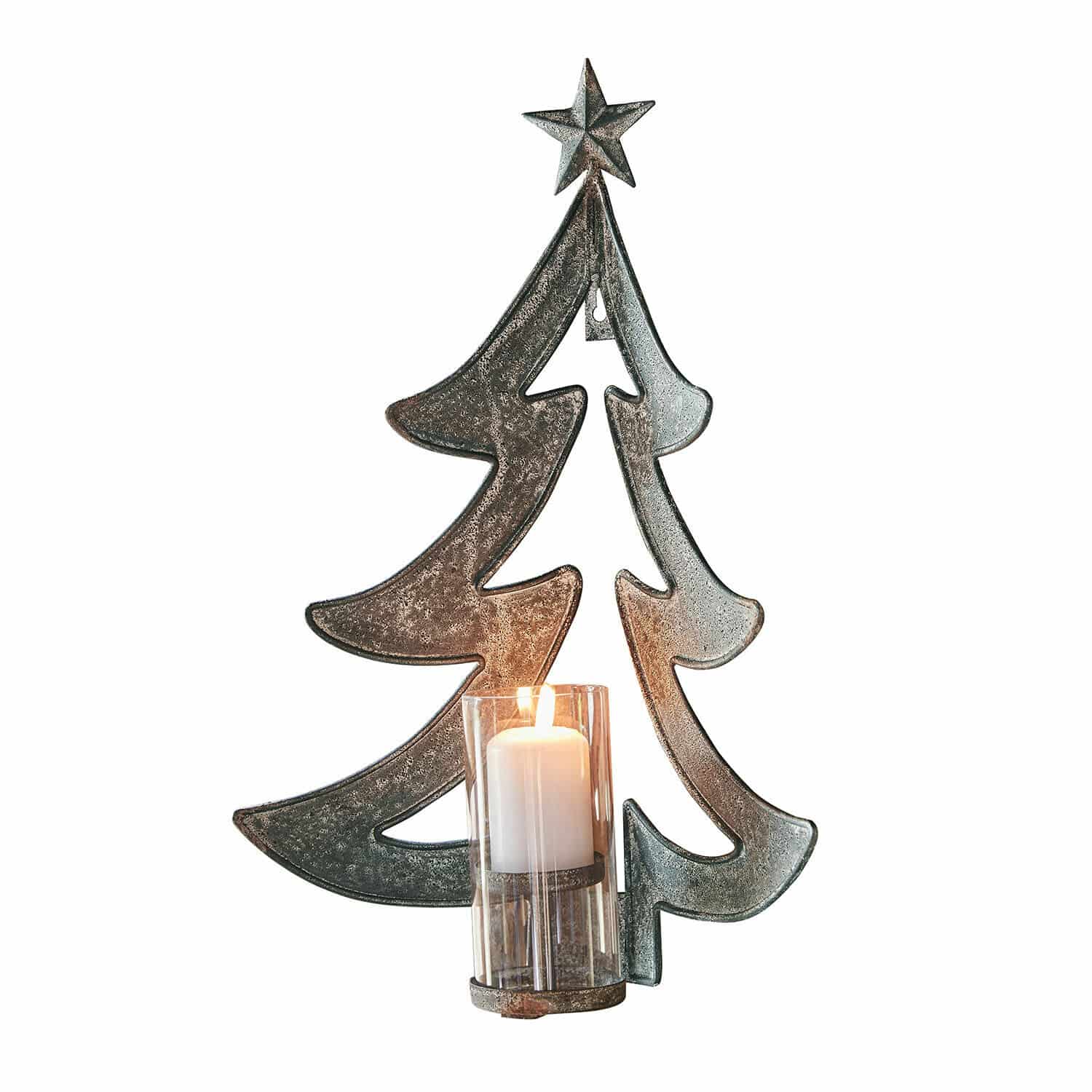 Wandkaarsenhouder Jolise Metalen kerstboomdecoratie met ster en glazen kandelaar in grijze kleur voor feestelijke sfeer