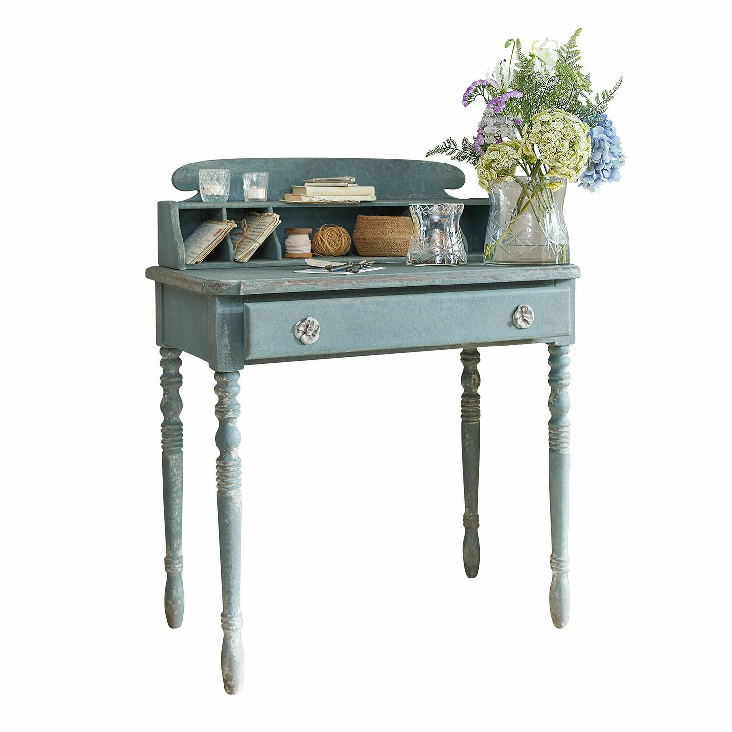 Sidetable Lartigue Blauw houten bureau met lade en vakken, vintage meubel voor opbergen en decoratie