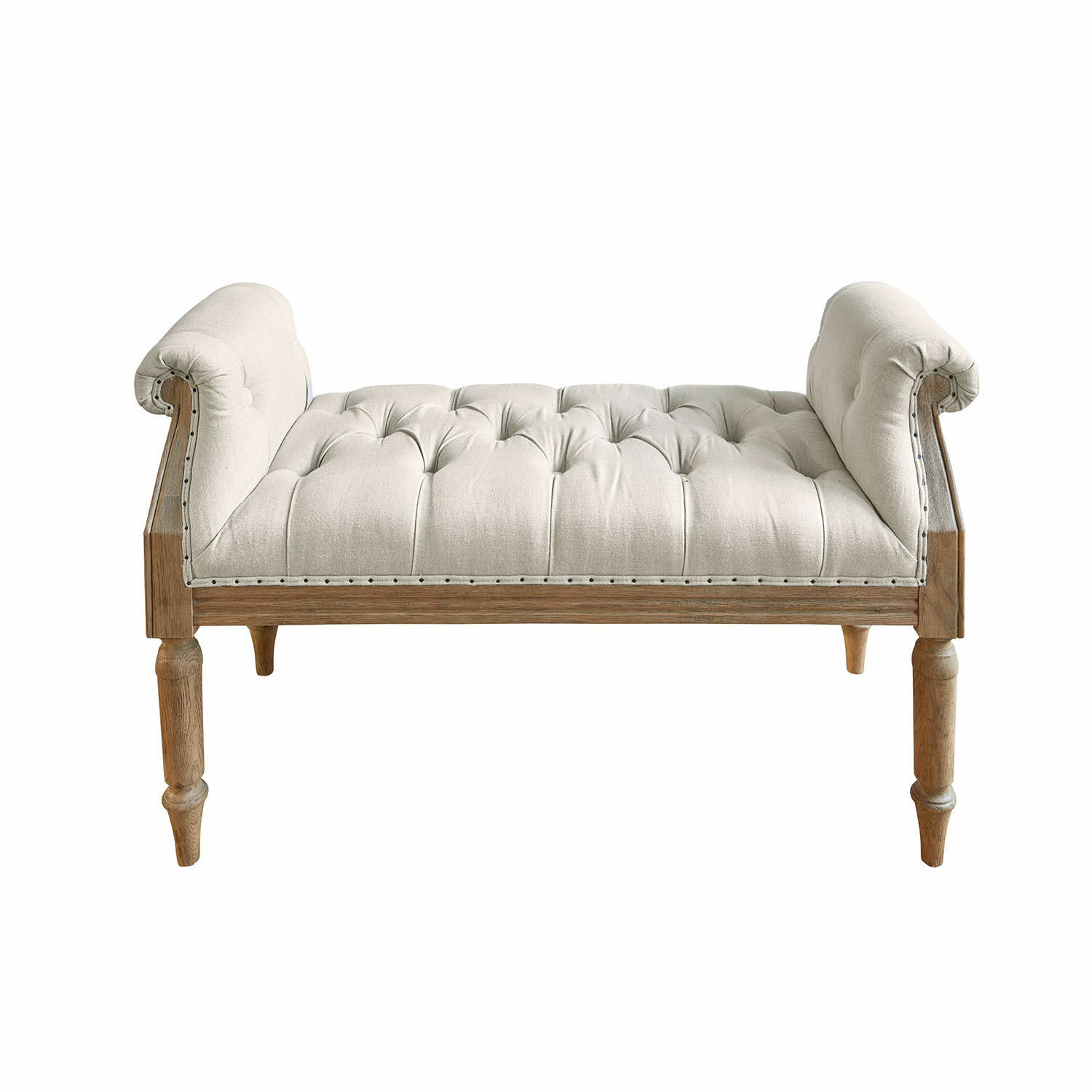 Banquette Griveta Banc capitonné en lin beige et bois, style vintage, meuble d'entrée ou salon élégant