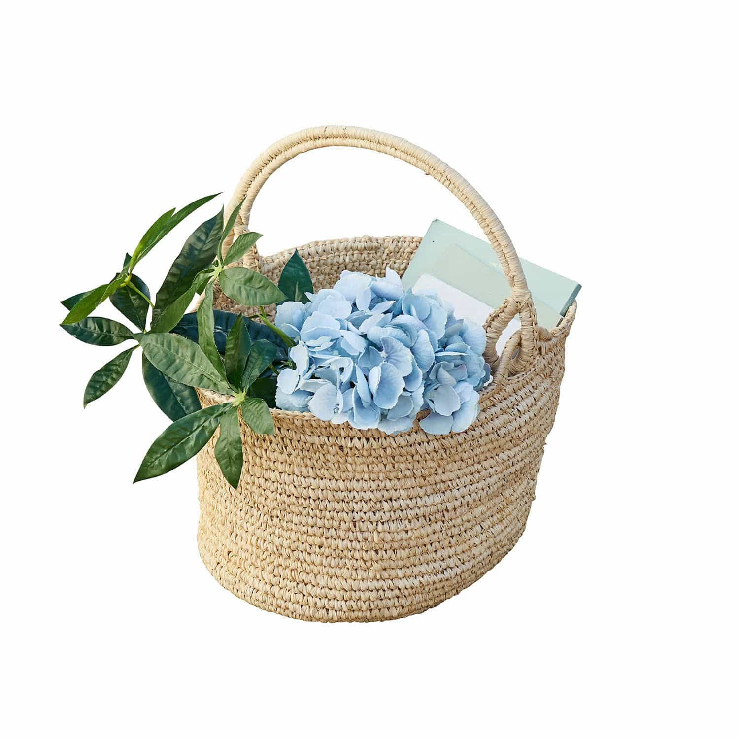 Mand Shanoura Natuurlijke gevlochten zeegrasmand met blauwe bloemen en groene bladeren voor decoratie