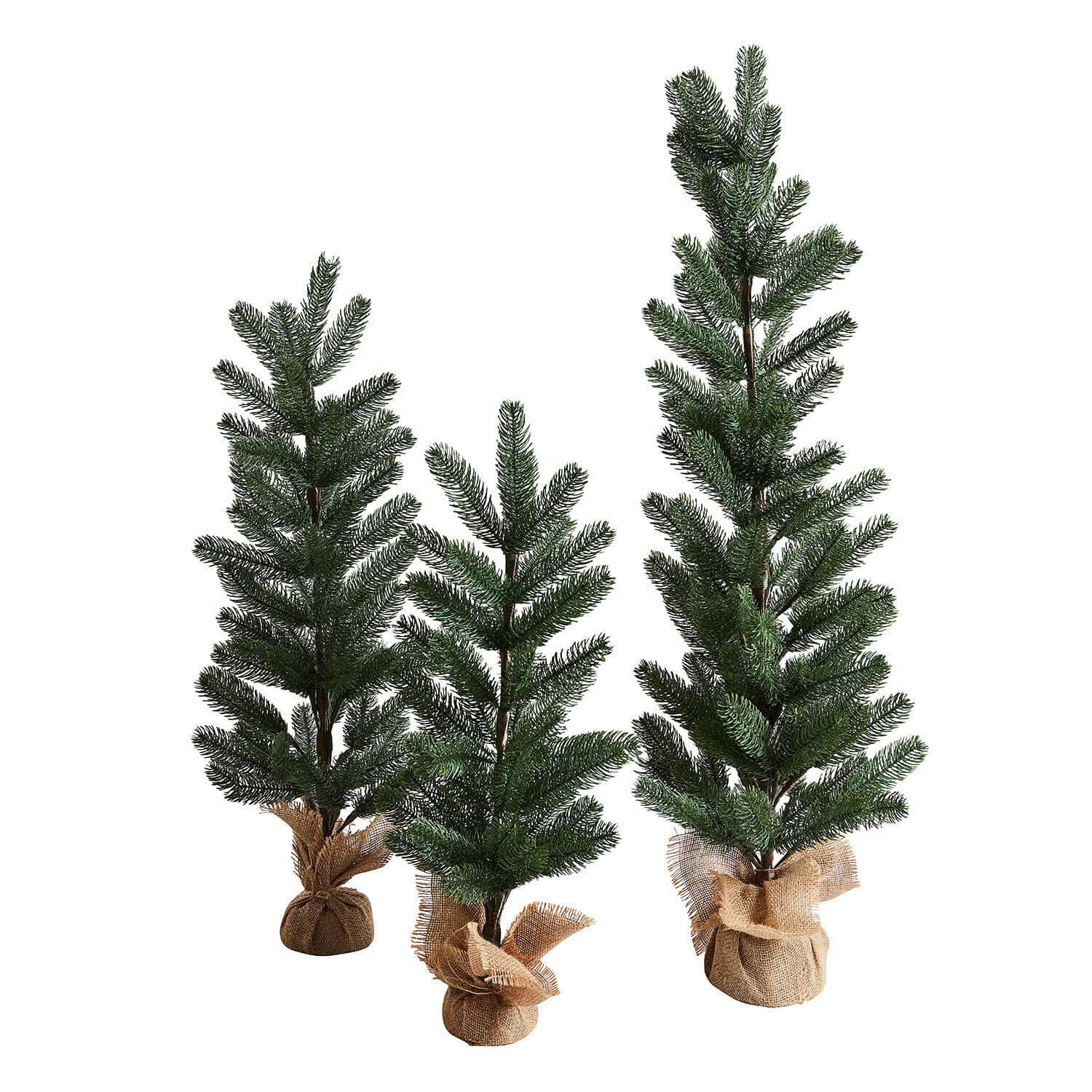 Sierboom set van 3 Merpins Drie kunstkerstbomen met groene naalden en jute potbedekking, sfeervolle kerstdecoratie