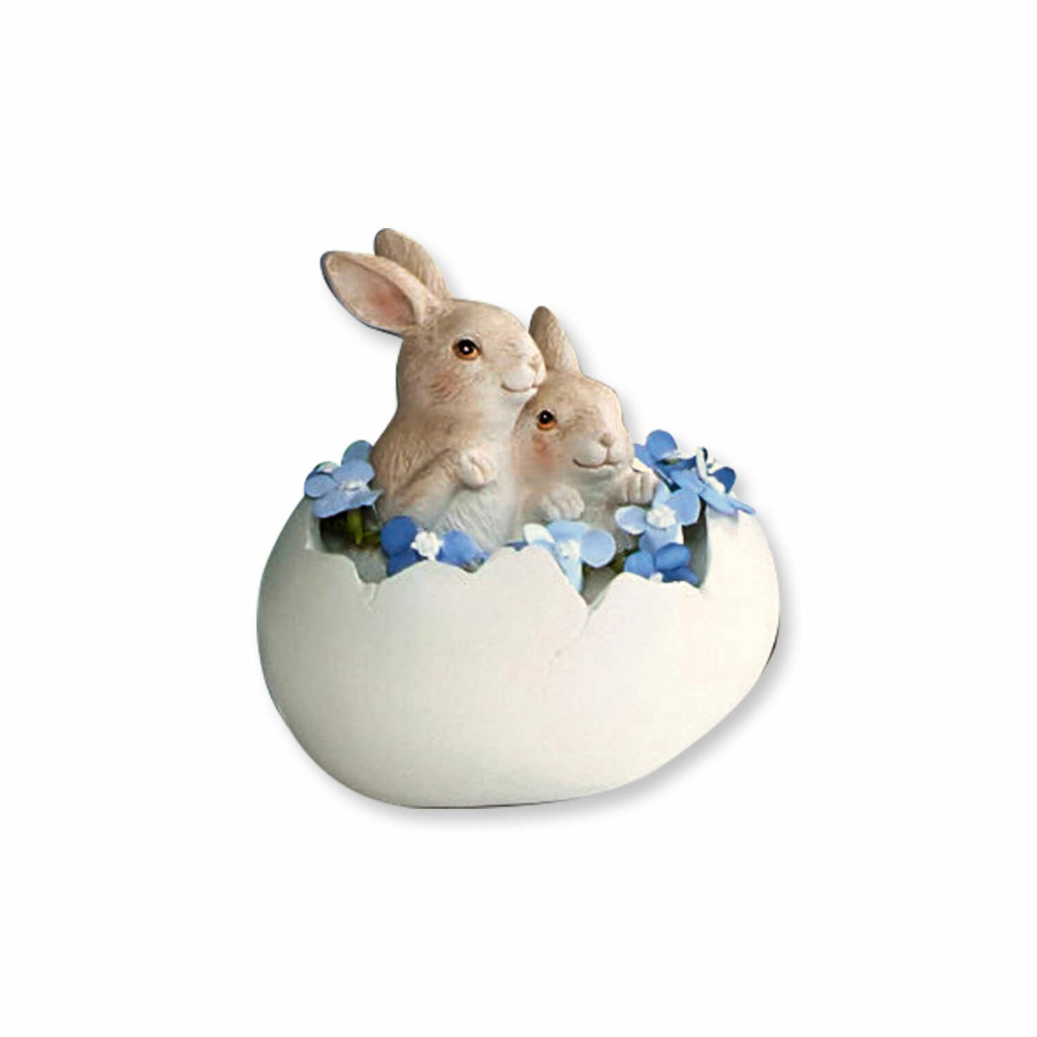 Figurine de deux lapins dans une coquille d'œuf avec fleurs bleues, décoration en céramique de Pâques