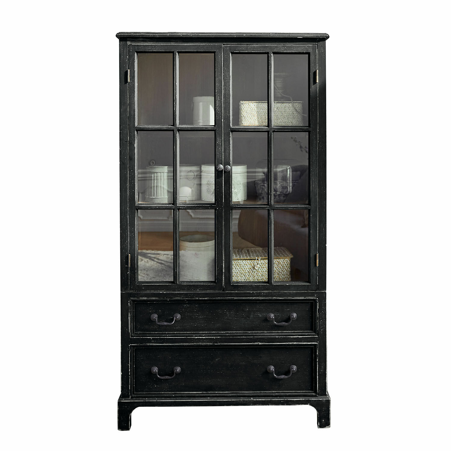 Vitrine Jarrowfield Vitrine noire en bois avec portes vitrées et deux tiroirs pour rangement pratique