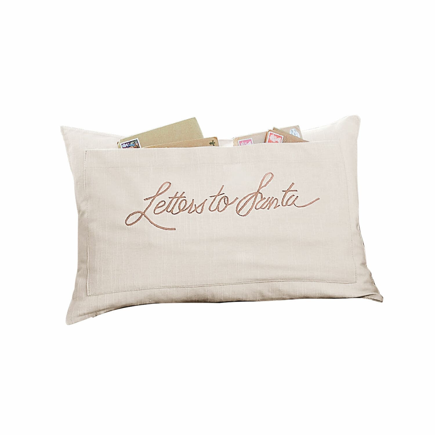 Beige kussenhoes met tekst Letters to Santa en zak voor kerstbrieven