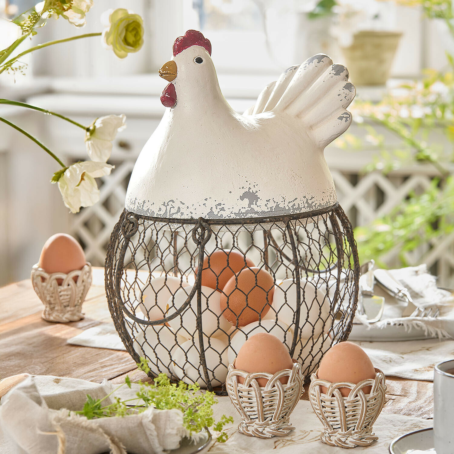 Panier Chavéreau Panier à œufs en métal avec couvercle en céramique blanche en forme de poule, décoration rustique de cuisine