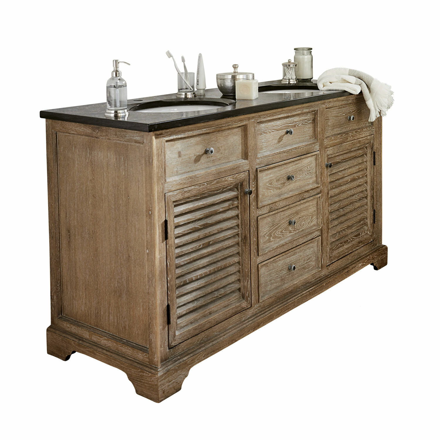 Meuble à double-vasque Malmaison Meuble de salle de bain en bois naturel avec plan noir et double vasque, style rustique