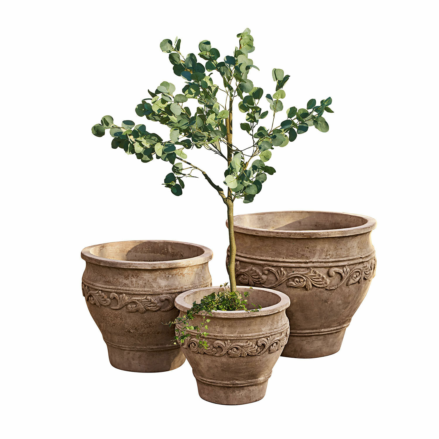 Lot de 3 cache-pots Sabugal Ensemble de trois pots décoratifs en terre cuite marron avec plantes pour jardin et intérieur