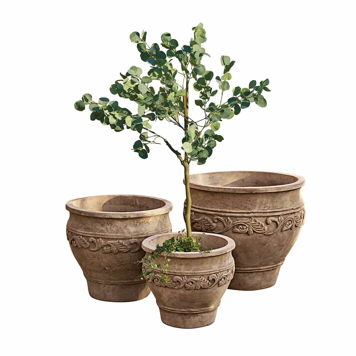 Sierpot set van 3 Sabugal Set van drie decoratieve bruine terracotta plantenpotten met planten voor tuin en huis