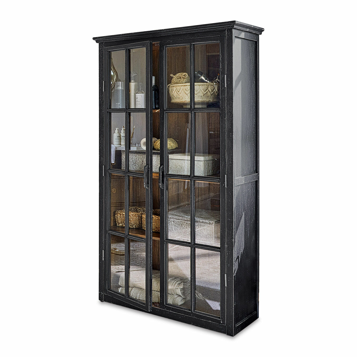 Kast Keanu Zwarte houten vitrinekast met glazen deuren en planken voor opslag en decoratie
