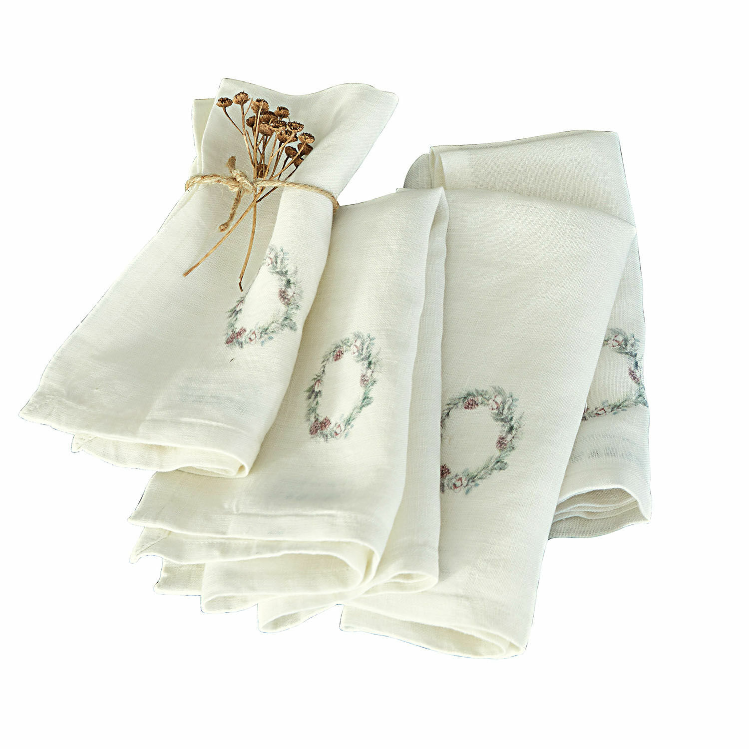 Lot de 4 serviettes Torge Ensemble de serviettes en lin crème avec motif de couronne délicate et fleurs séchées attachées