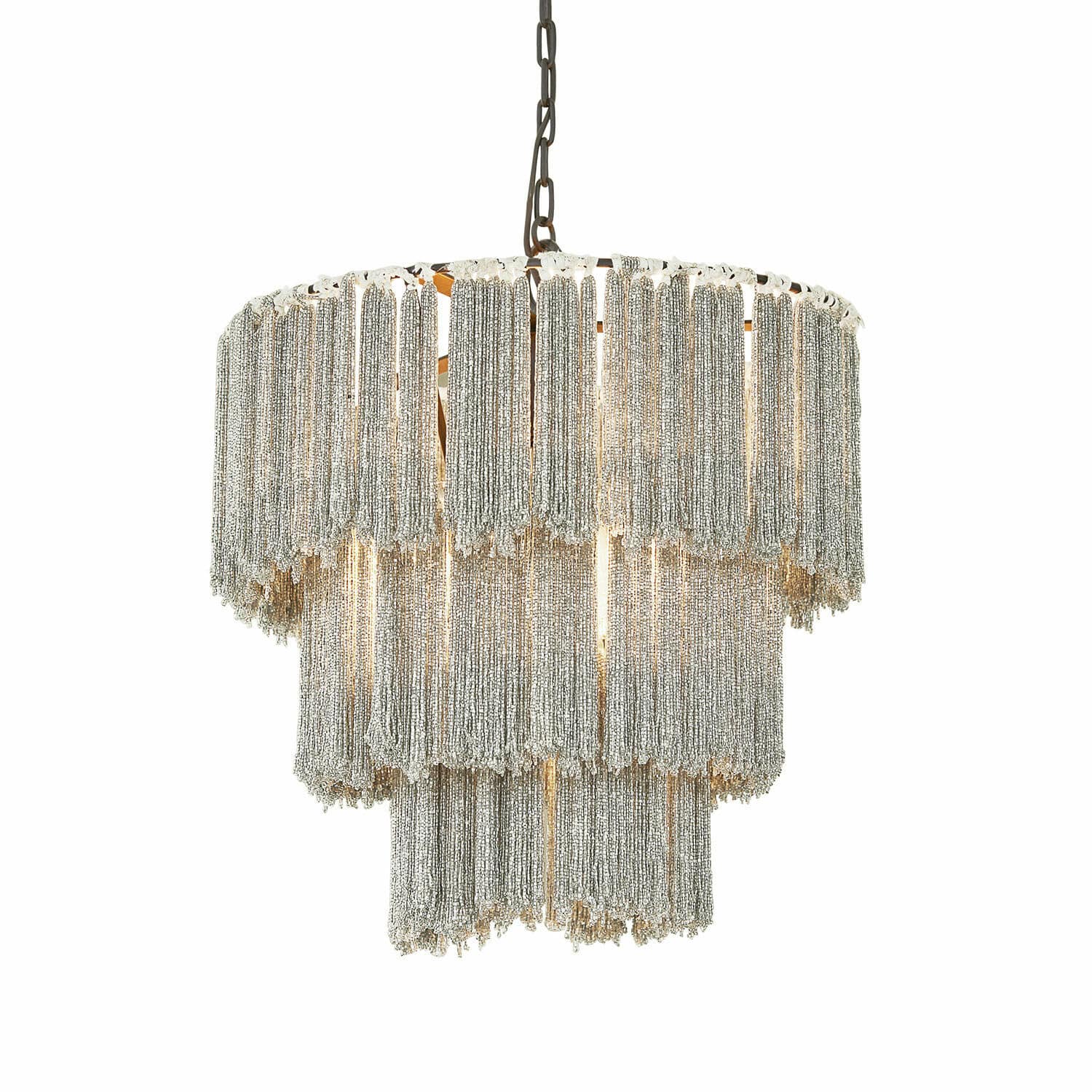 Kroonluchter Ivry-la-Rivière Hanglamp met zilverkleurige metalen kralen, decoratieve plafondlamp voor woonkamer