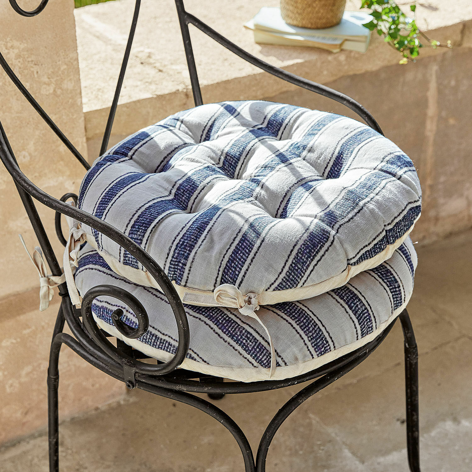 Lot de 2 galettes de chaises Bourrignon Coussins de chaise en coton rayé blanc et bleu, confortables pour usage extérieur