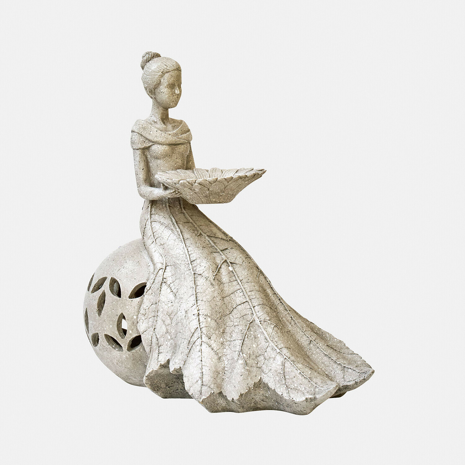Decoratief figuurtje op zonne-energie Lendoria Grijs stenen beeld van vrouw in bladjurk met schaal, decoratie voor tuin