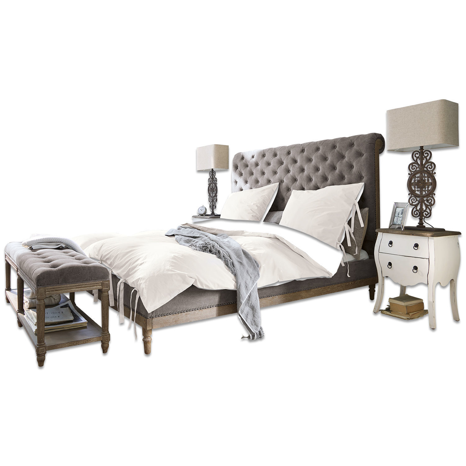 Gestoffeerd bed met grijs doorgestikt hoofdeinde en houten frame, wit beddengoed en grijze deken