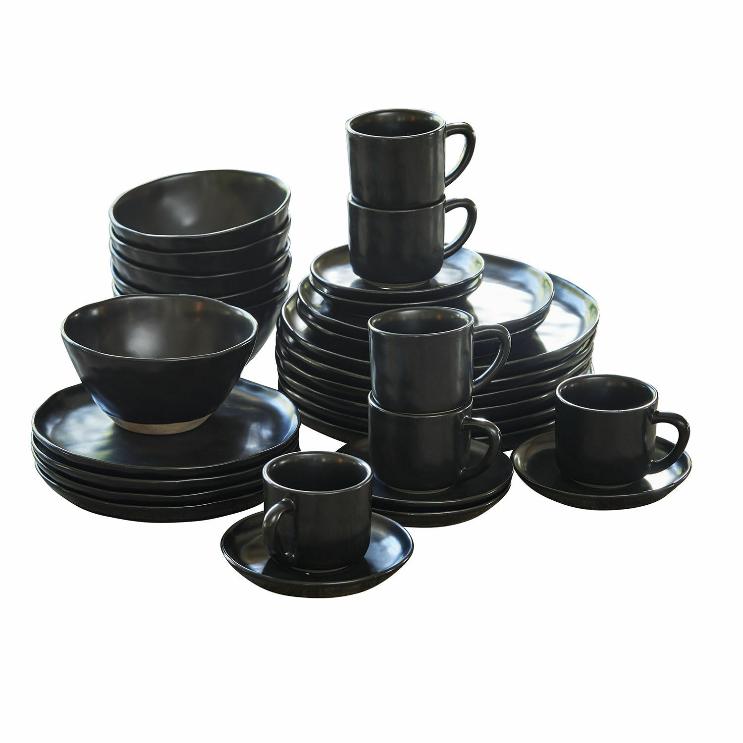 Servies set van 30 Biarré Zwarte keramische servies set met kopje, borden en kom met natuurlijke bodem
