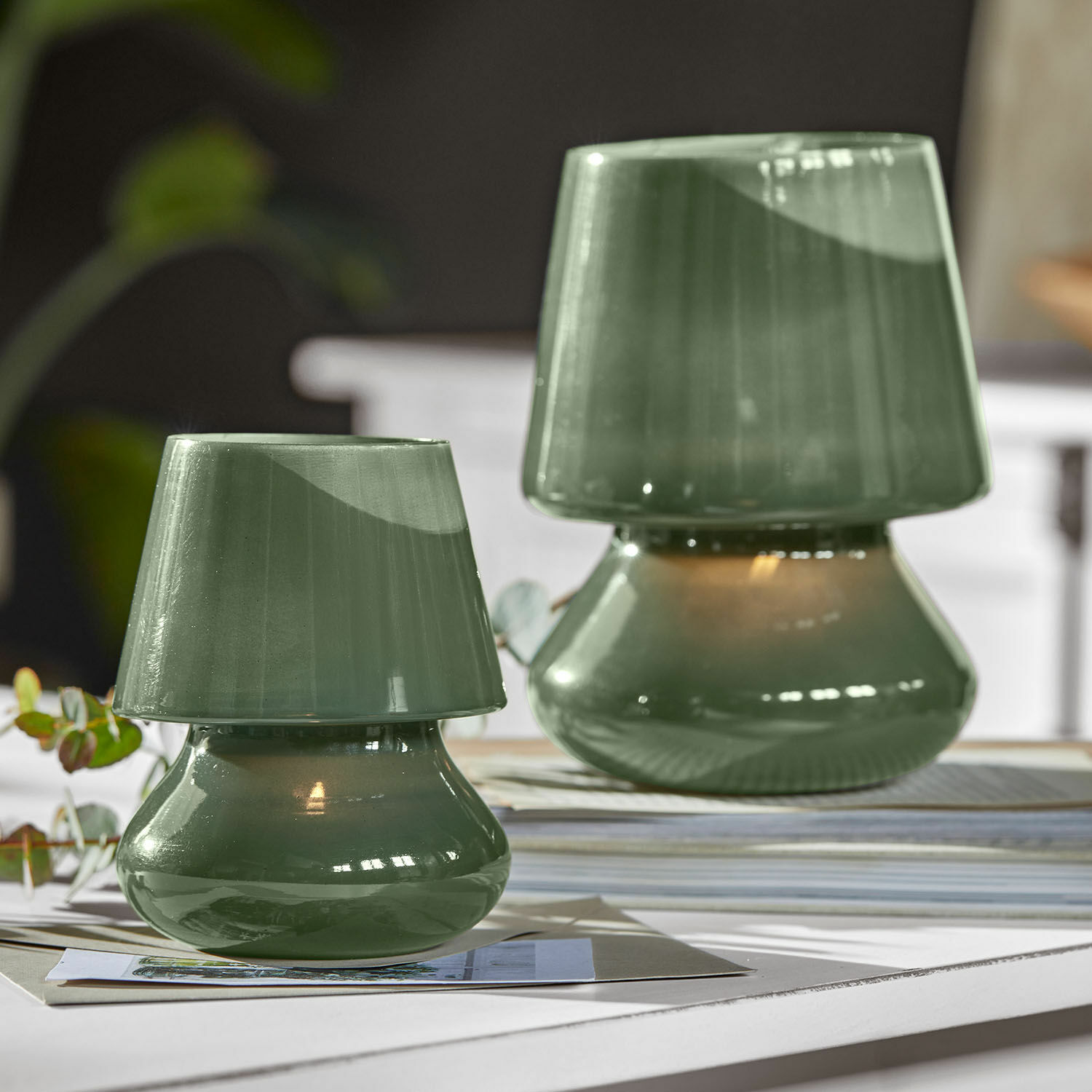 Windlichtje set van 2 Sorrivella Groene keramische tafellampen met modern design, decoratieve binnenverlichting