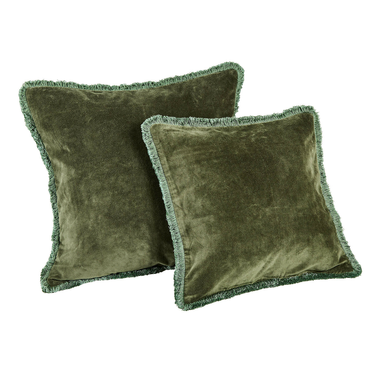 Kussenhoes set van 2 Maelis Set van twee groene sierkussens van zachte fluweel met franjes, perfect voor de woonkamer