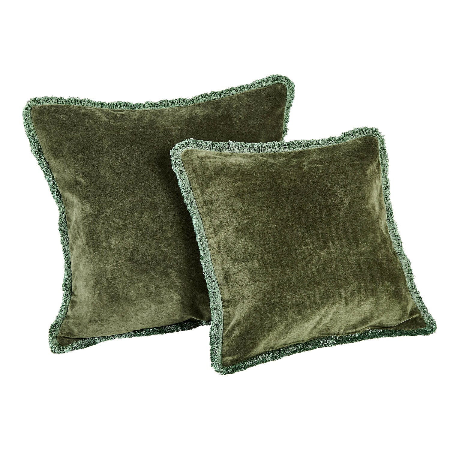 Kussenhoes set van 2 Maelis Set van twee groene sierkussens van zachte fluweel met franjes, perfect voor de woonkamer
