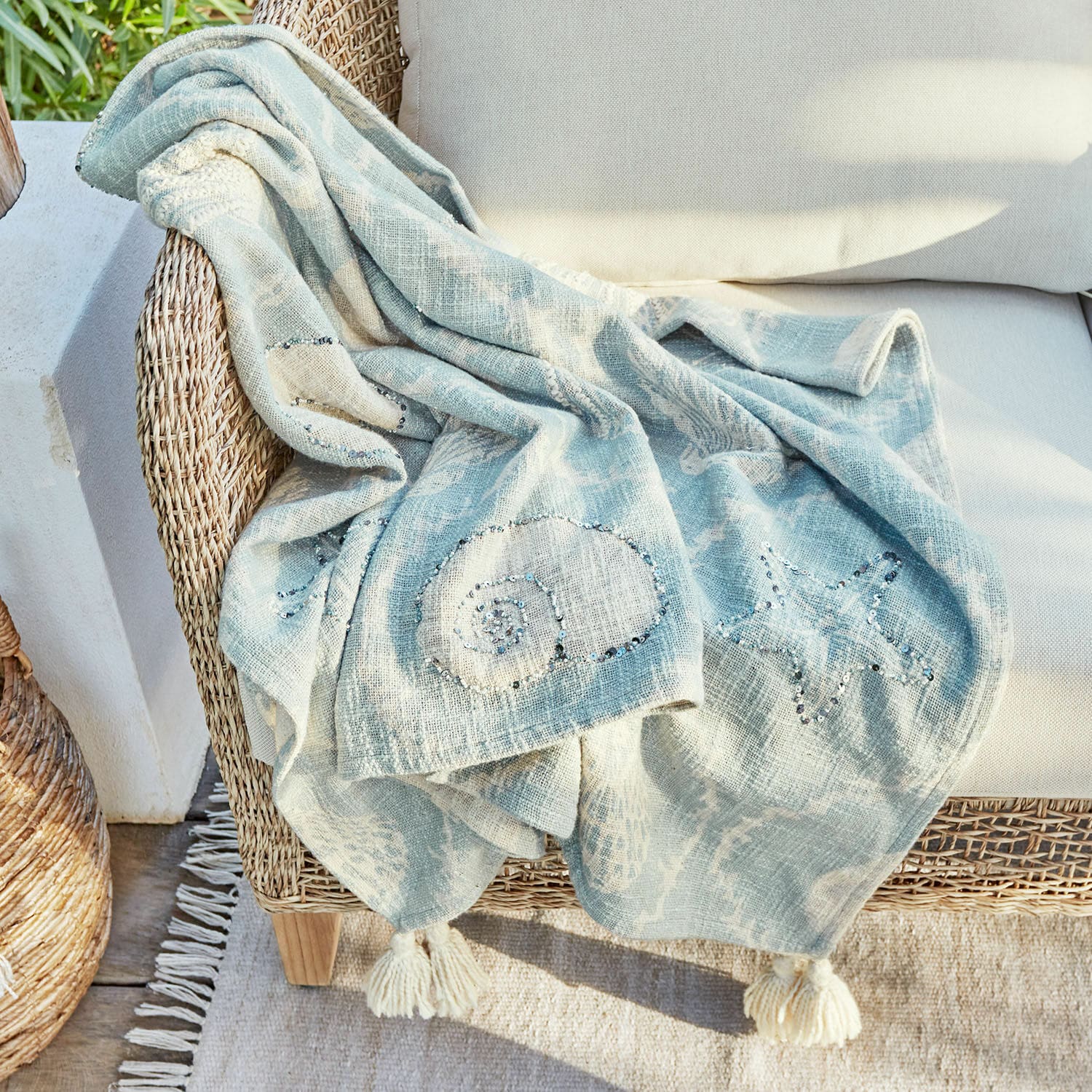Plaid Calerand Zachte katoenen deken lichtblauw met schelp- en zeesterpatroon, decoratief en comfortabel