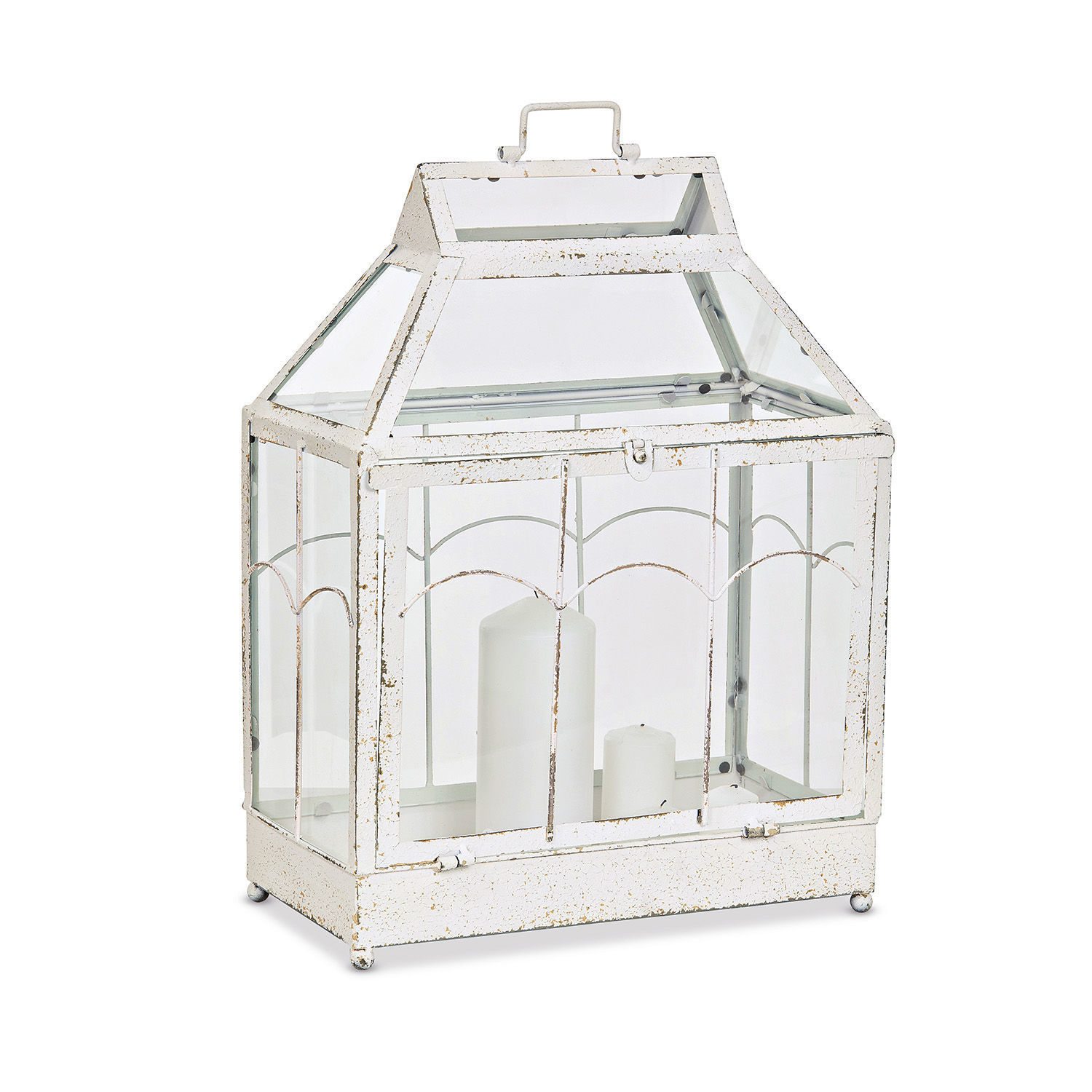 Lanterne en métal blanc vieilli avec panneaux en verre, décorative pour bougies.