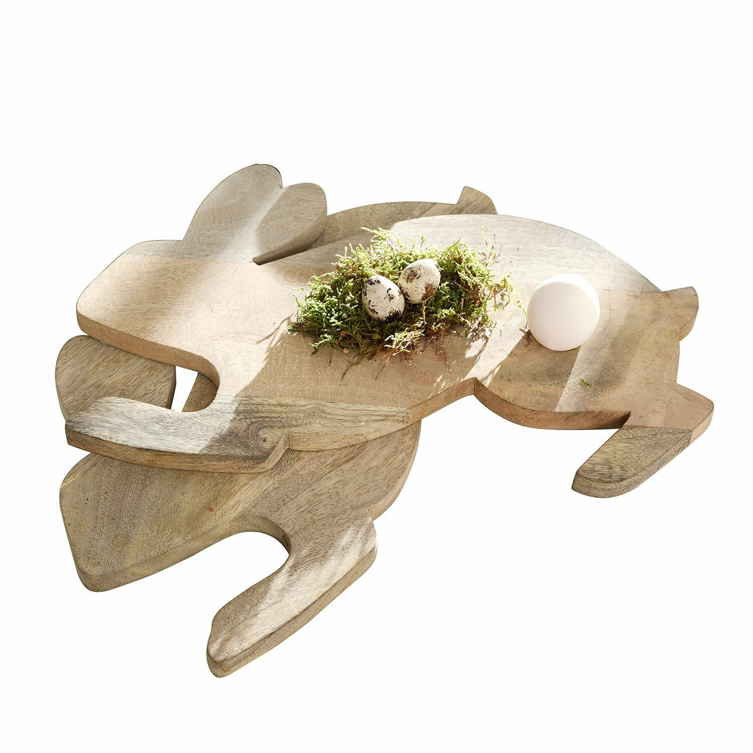 Ontbijtplankje set van 2 Doraline Houten snijplank in konijnenvorm met natuurlijke kleur, versierd met eieren en mos