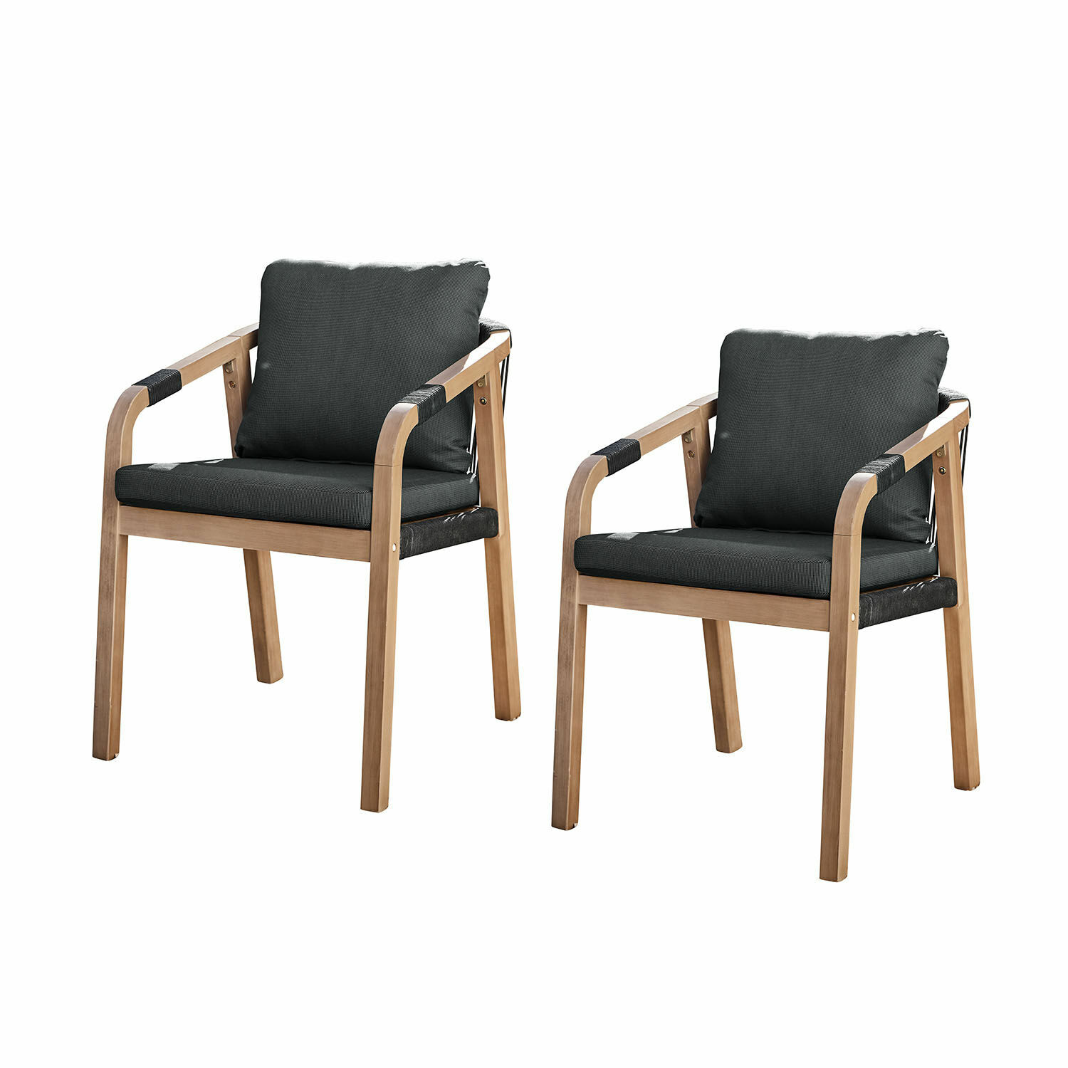 marron/noir Ensemble de deux chaises Kennedy en bois FSC brun avec coussins noirs, mobilier confortable pour salon