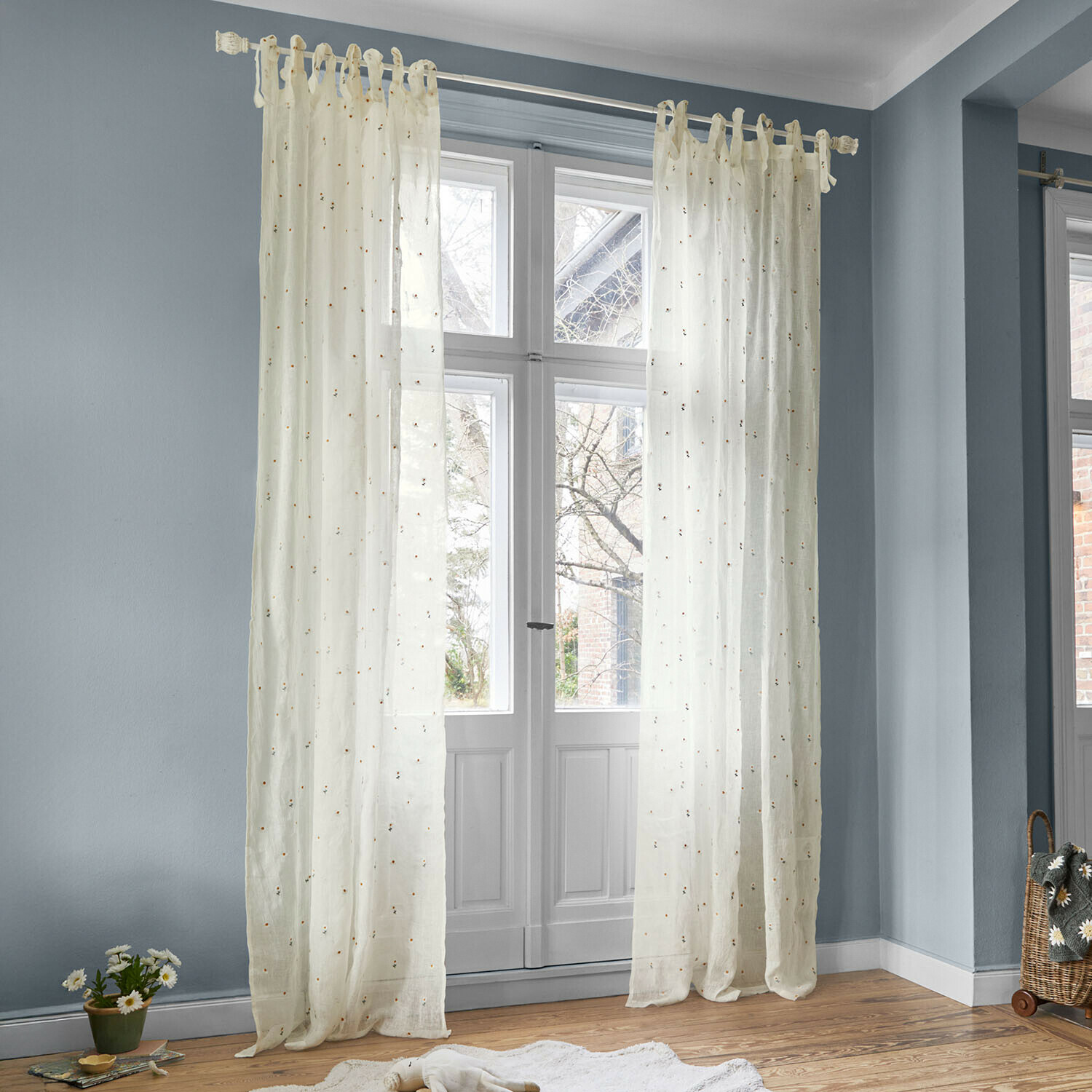 Voilage Poppeline Rideaux transparents crème avec motif floral délicat, décoration de fenêtre pour salon