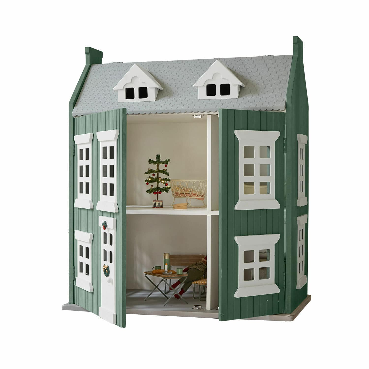 Maison de poupées Avenari Maison de poupée en bois verte et blanche à deux étages avec mobilier intérieur détaillé