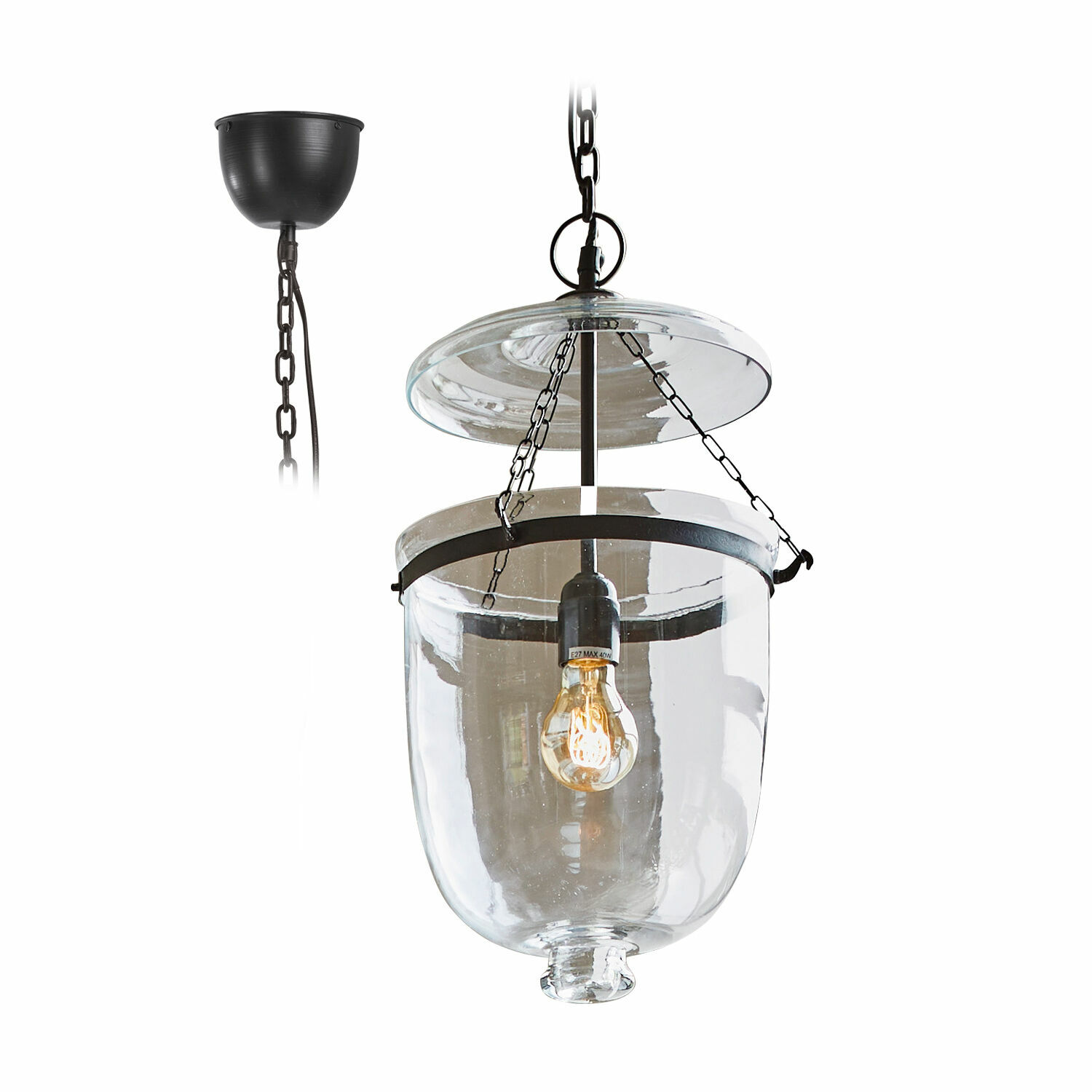 Hanglamp Lanta Glazen hanglamp met zwarte metalen ketting en heldere kap, decoratieve binnenverlichting