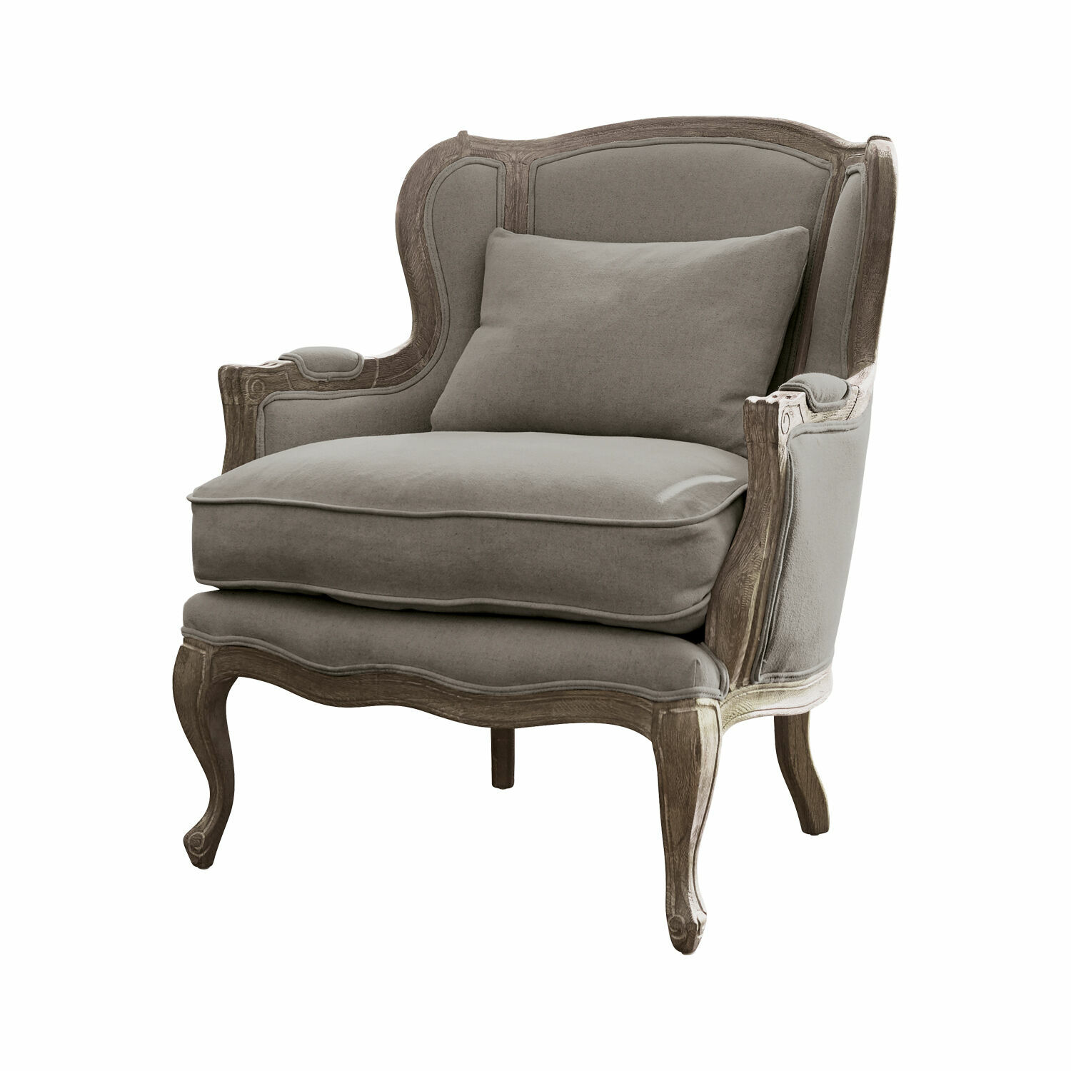 Fauteuil classique en tissu gris avec cadre en bois sculpté style vintage pour salon
