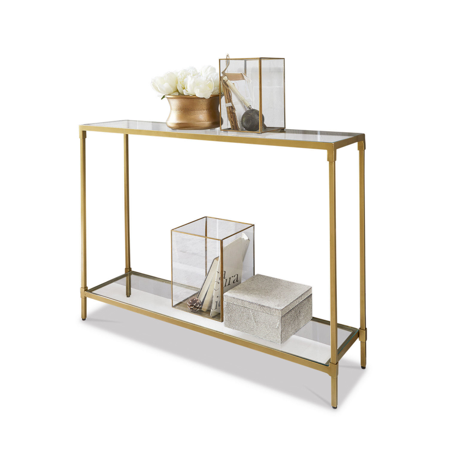 Sidetable Ninove Gouden metalen sidetable met twee glazen planken en decoraties voor moderne woonkamer