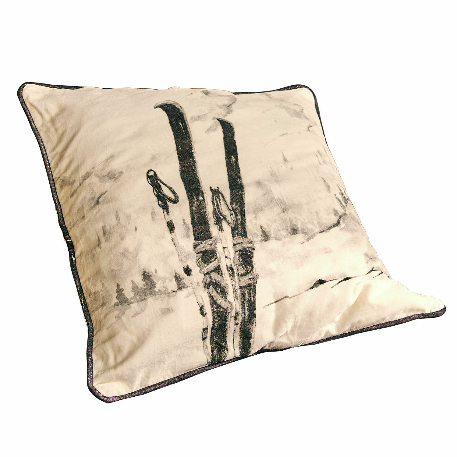 Kussenhoes Finorel Beige katoenen sierkussen met ski-motief, winterse woondecoratie