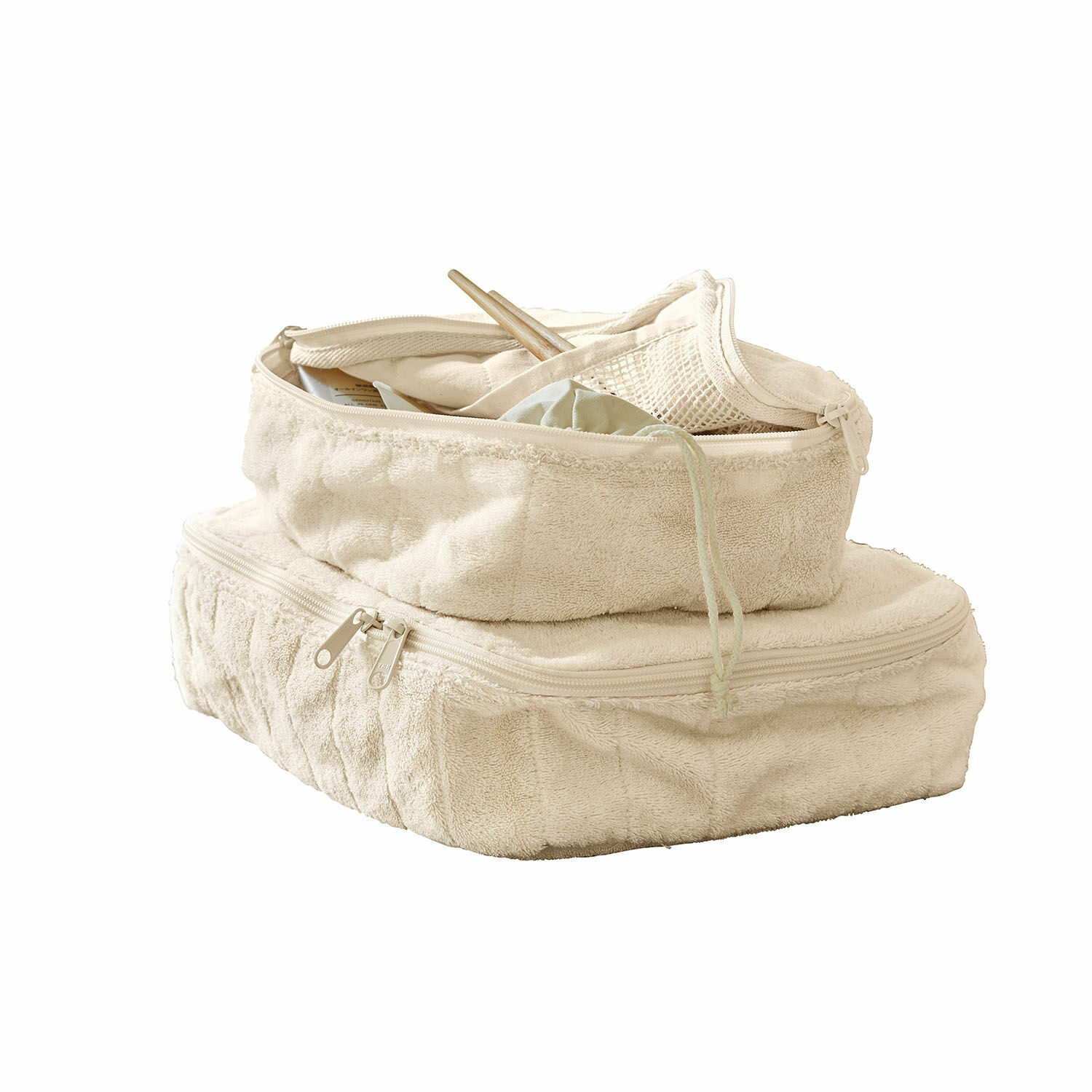 Lot de 2 trousses de toilette Invarel Sacs en tissu éponge beige doux avec fermetures éclair pour rangement et organisation pratique