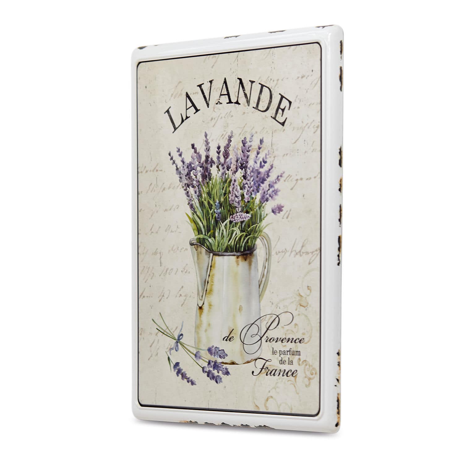 Plaque décorative Lavande Plaque décorative en métal avec lavande dans un pichet blanc sur fond beige avec texte français