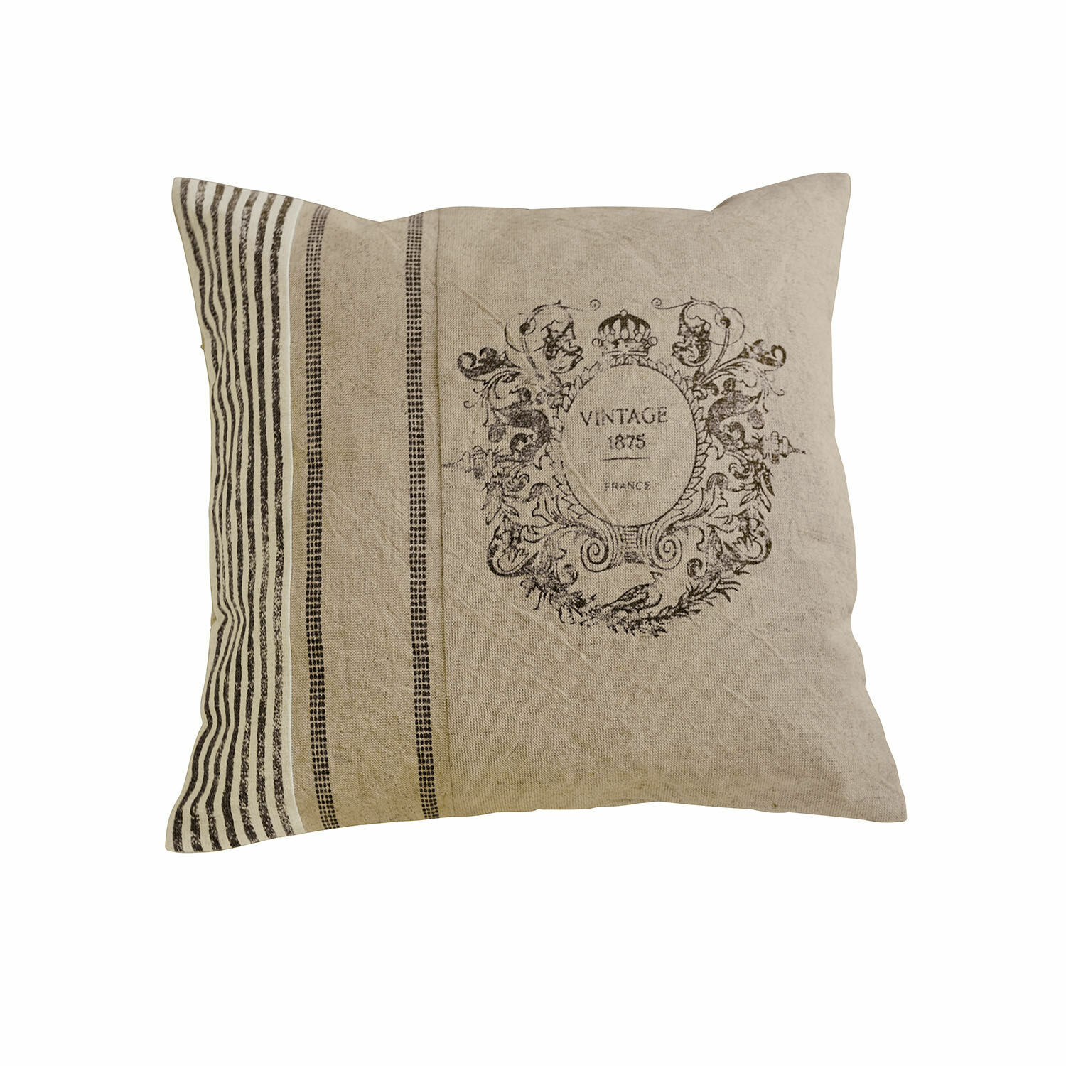 Housse de coussin Lélex Coussin beige en coton avec impression vintage et rayures, décoration rustique pour salon