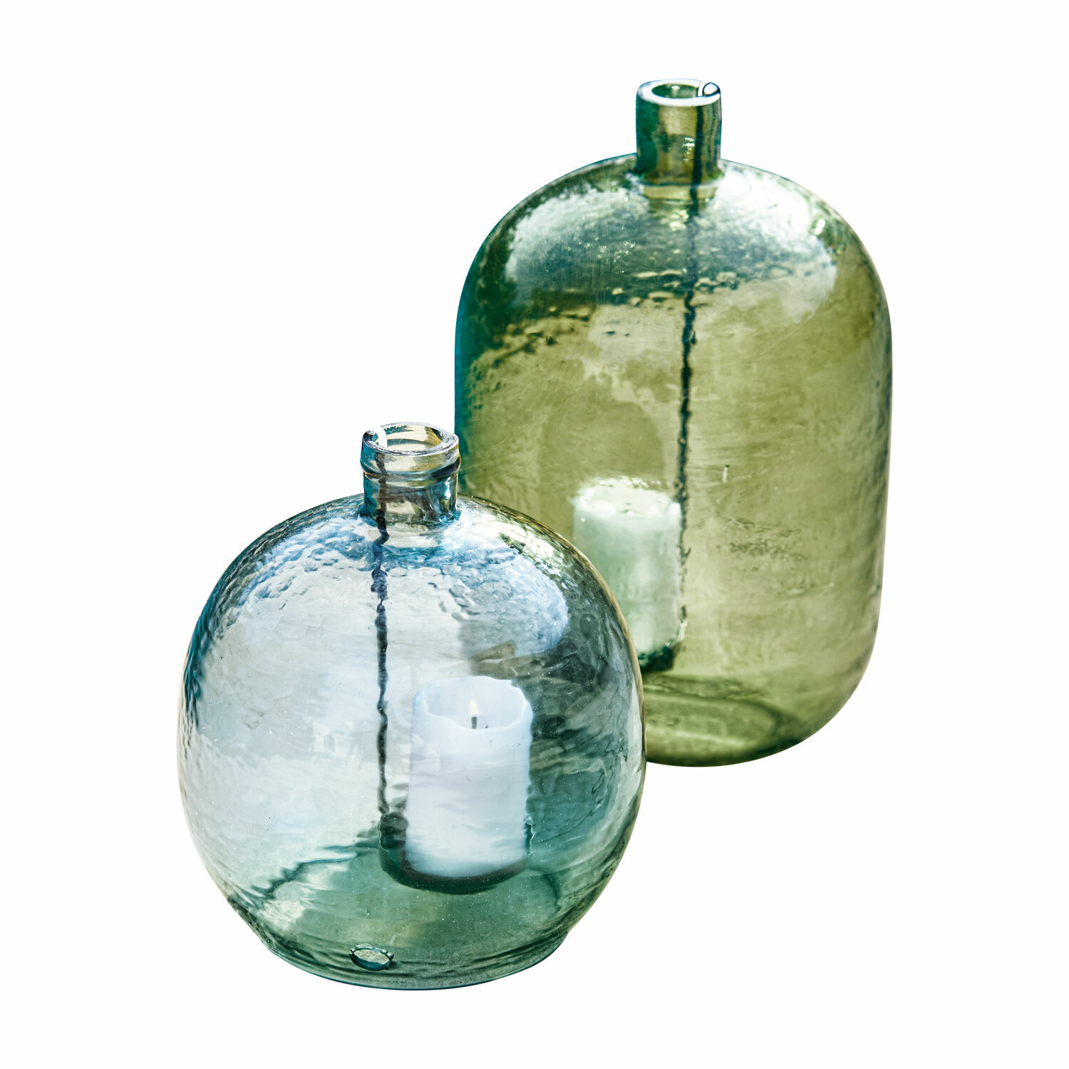 Windlicht set van 2 Michel Glazen lantaarns in groen en blauw met witte kaarsen voor stijlvolle interieurdecoratie