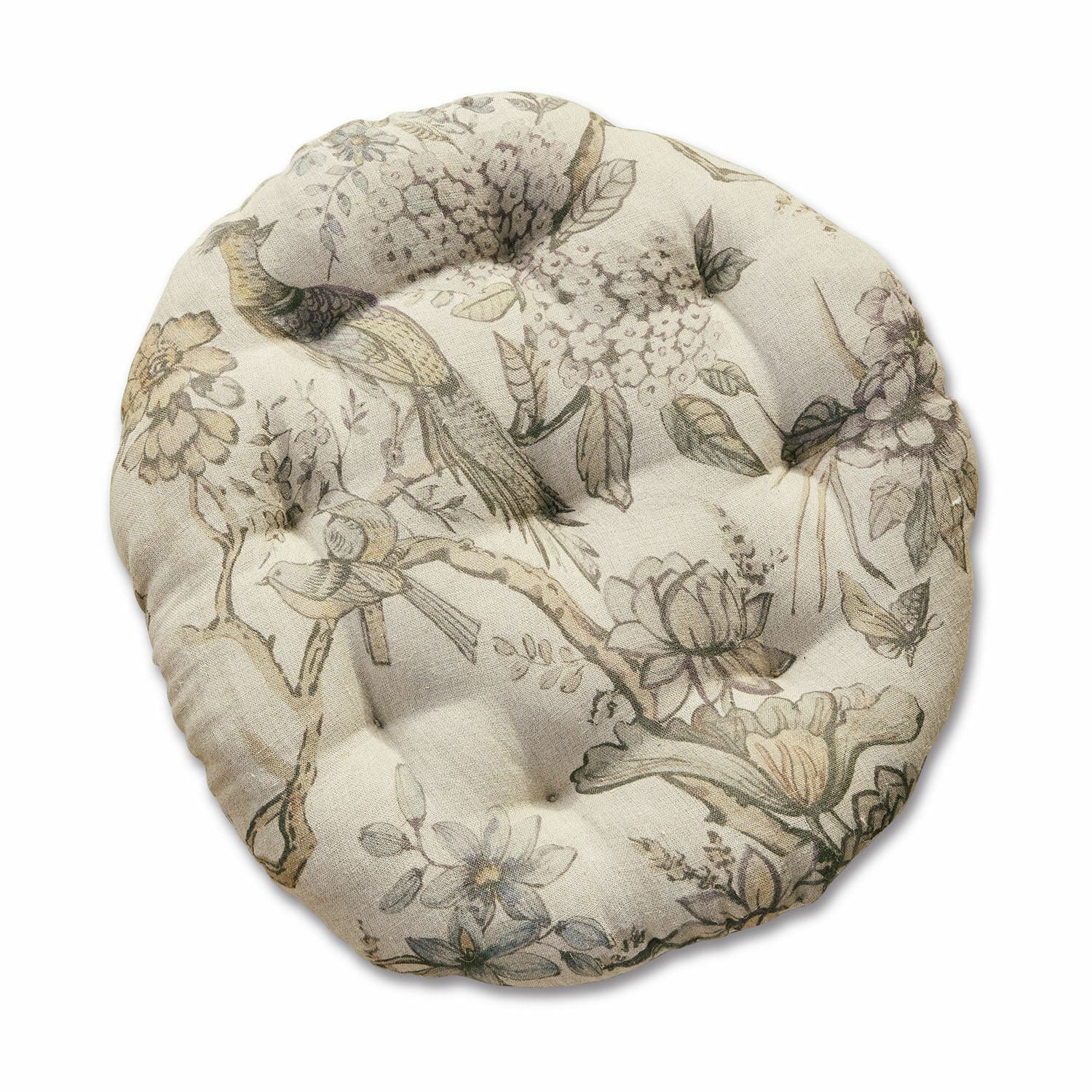 Zitkussen Kayla Ronde katoenen stoelzitting in beige met bloemen- en vogelmotief voor comfort