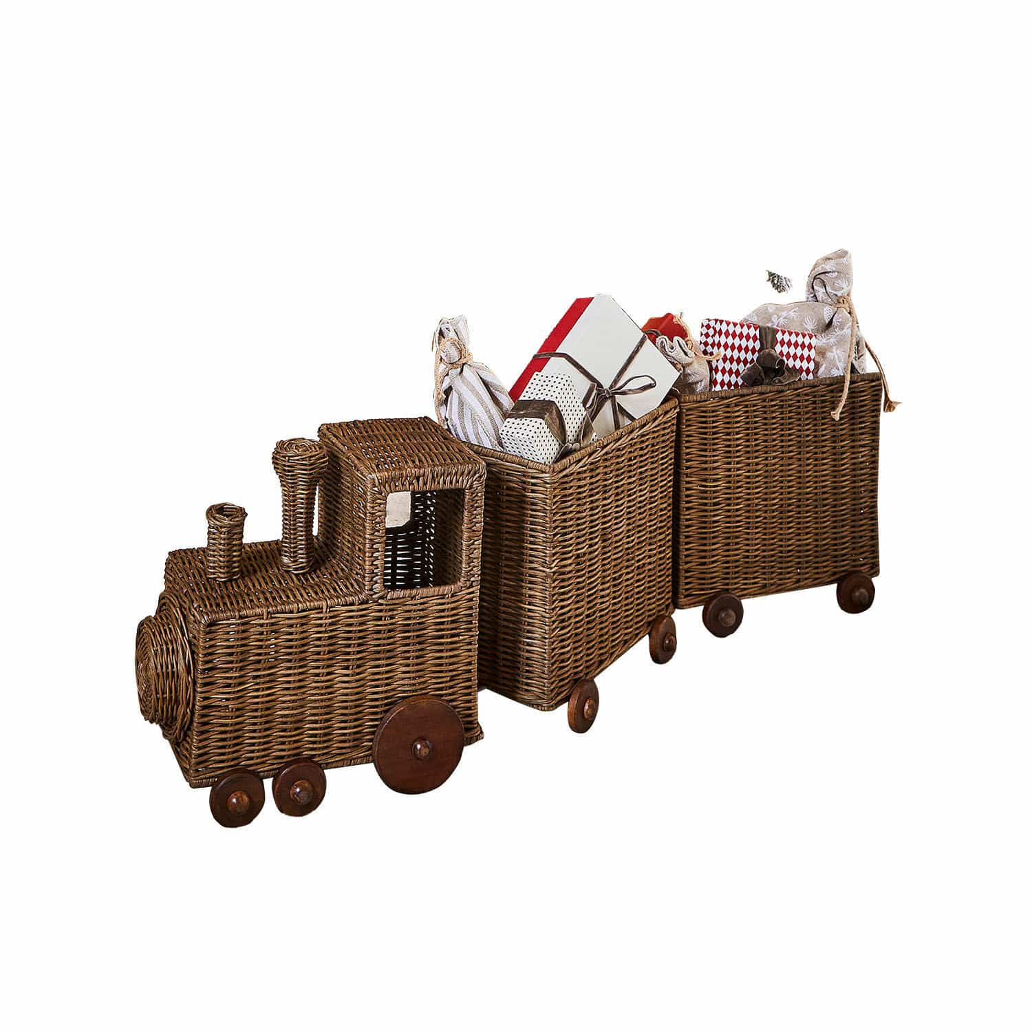 Siertrein Kareeva Rieten trein met twee wagentjes op wielen gevuld met cadeaus, bruine kerstdecoratie van gevlochten materiaal