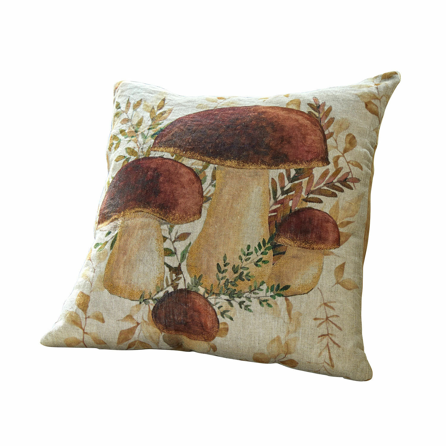 Kussenhoes Harvelle Decoratief linnen kussen met bruin-beige paddenstoelenprint voor sfeervolle inrichting
