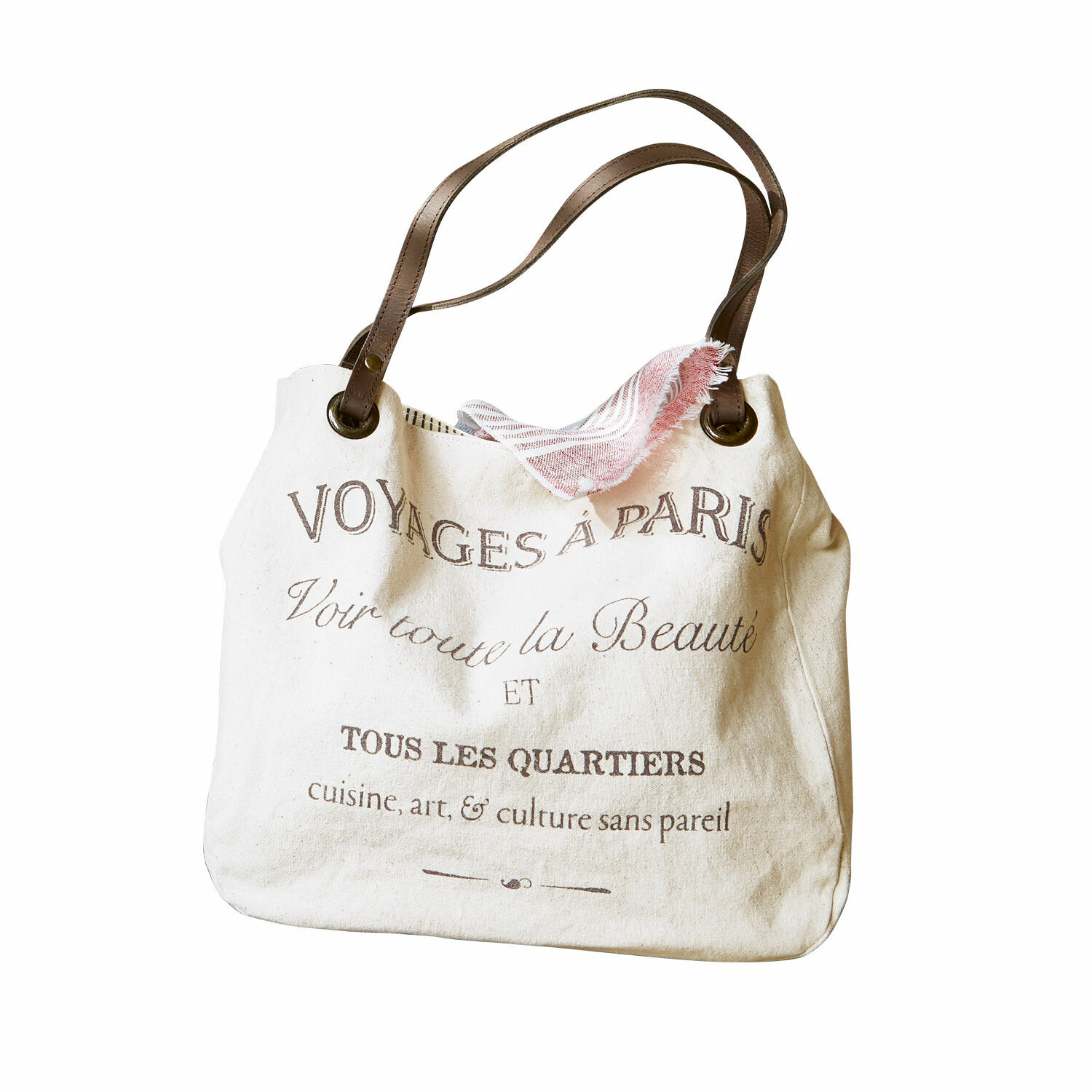 Cabas Voyage Sac en coton beige avec anses marron et impression française, accessoire tendance pour usage quotidien