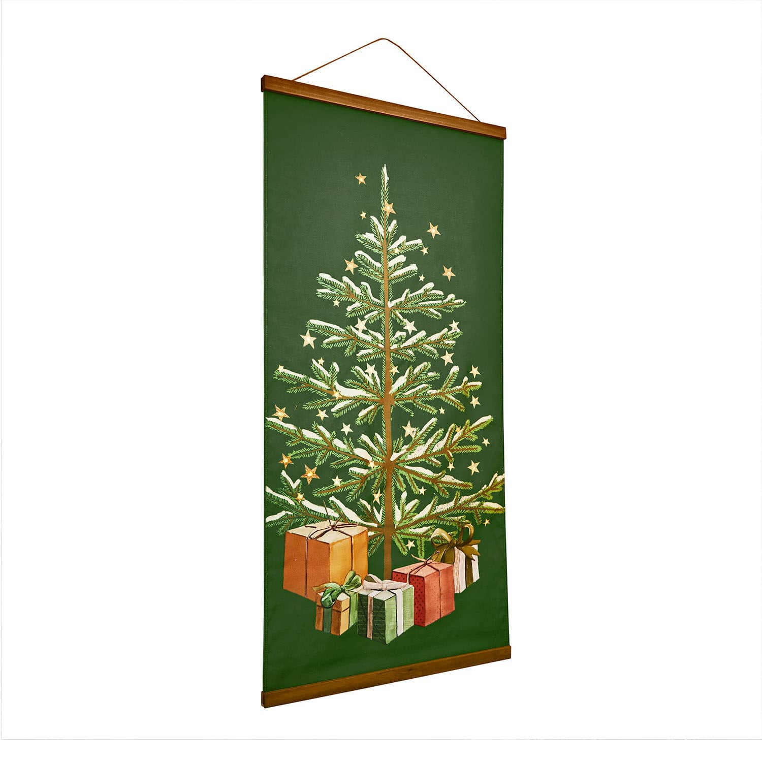Tableau LED Naluma Tenture murale verte en tissu avec sapin de Noël et cadeaux, décoration festive pour intérieur